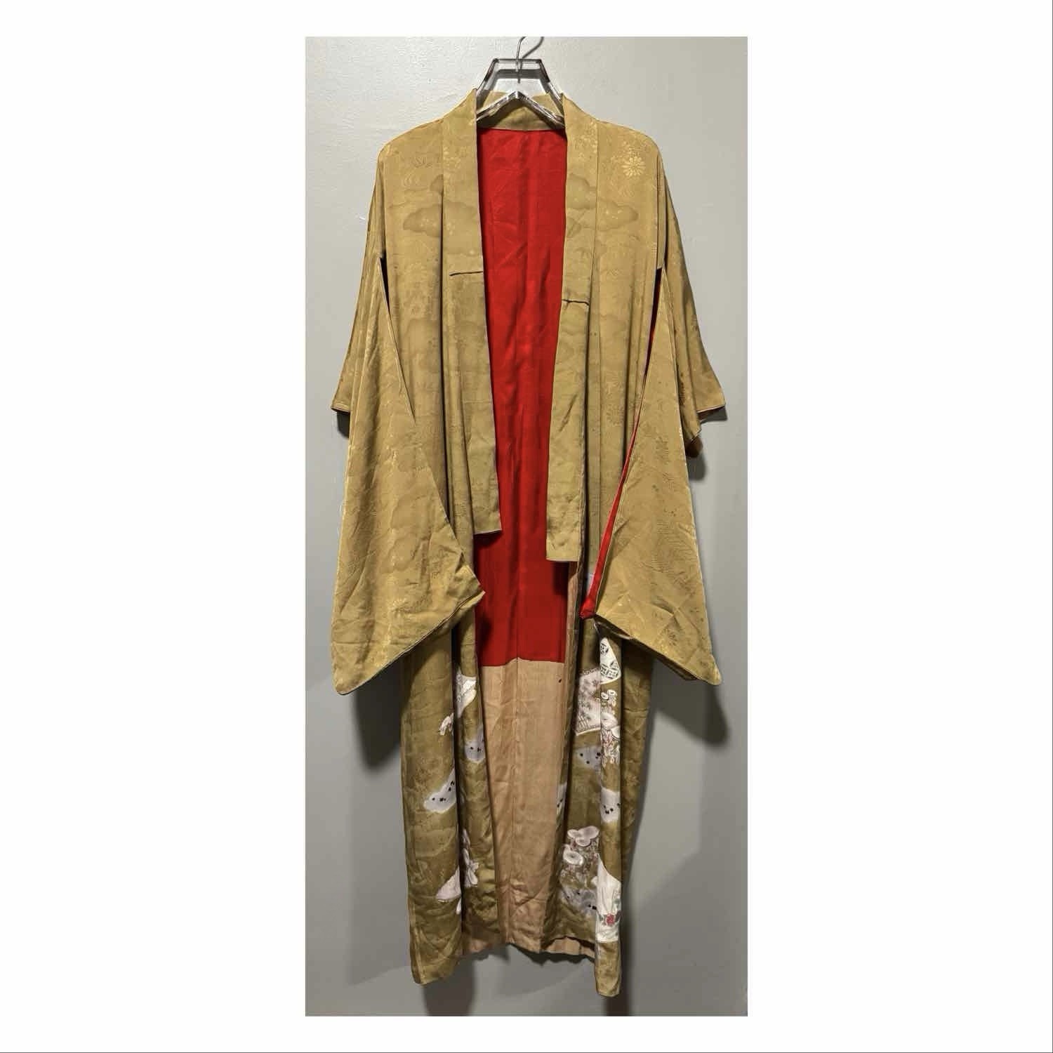 Vintage Japanese Kimono Robe Gold Brocade Red Lining Floral Crane 58” Long