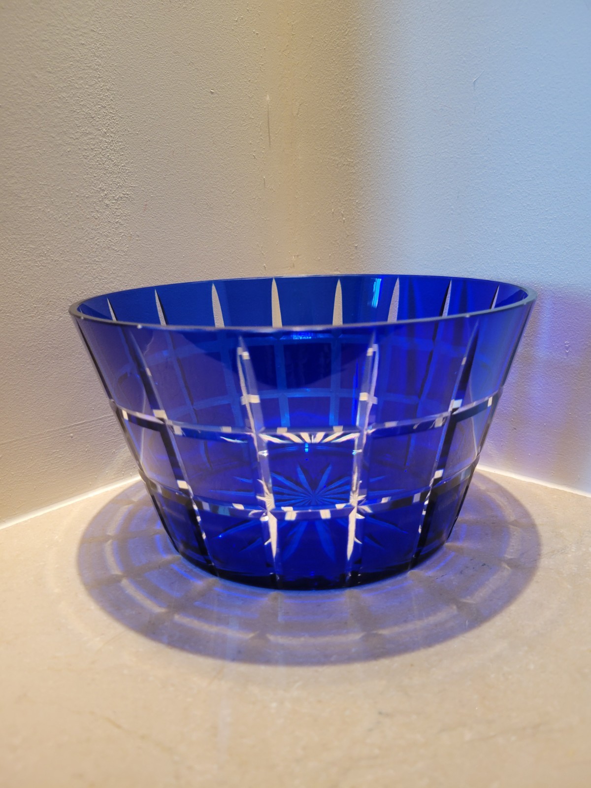 AJKA CUBE COBALT BLUE CUT TO CLEAR CRYSTAL BOWL 8.5/8 AJKA CUBE COBALT BLUE CUT TO CLEAR CRYSTAL BOWL 8.5/8