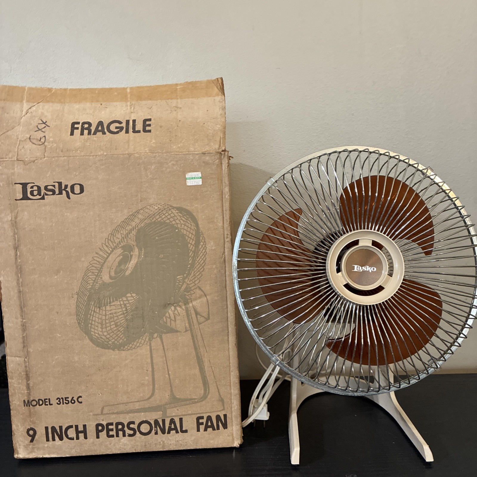 Vintage LASKO 9” Personal Fan Brown Tan Acrylic Original Box Works 70s Office
