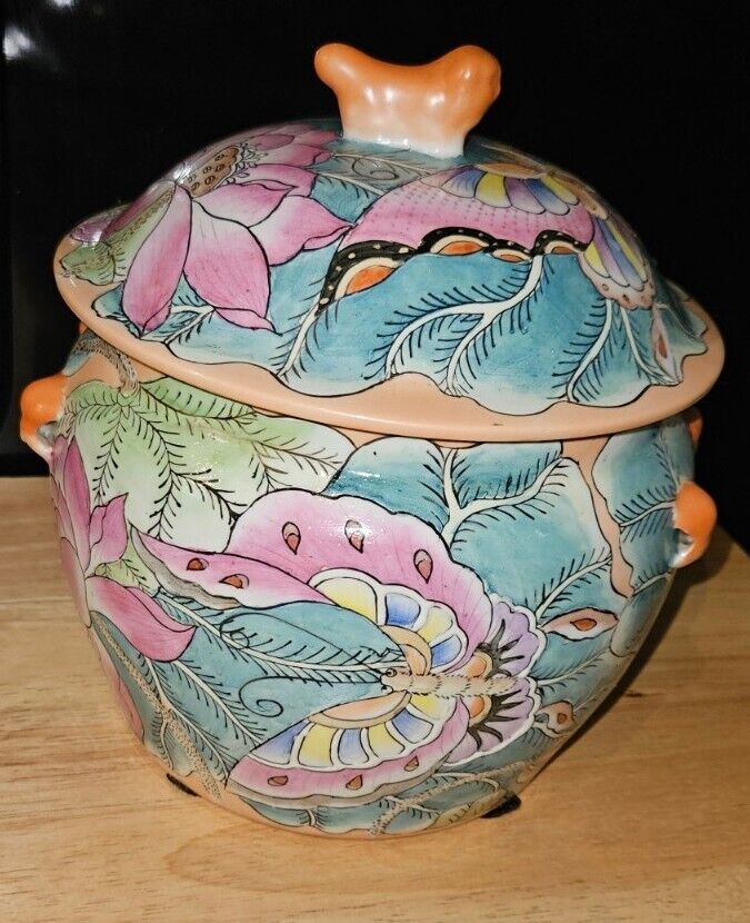 VTG Large Chinese Porcelain Famille Verte Rice Pot Ginger Jar With Lid Butterfly
