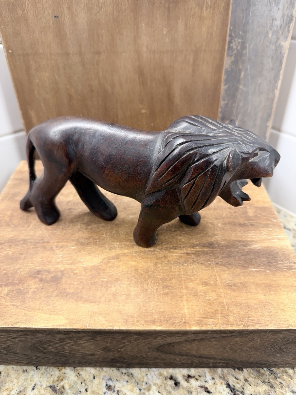 Vintage Zambia Hand Carved Wood Lion Figurine African Safari Folk Art 9