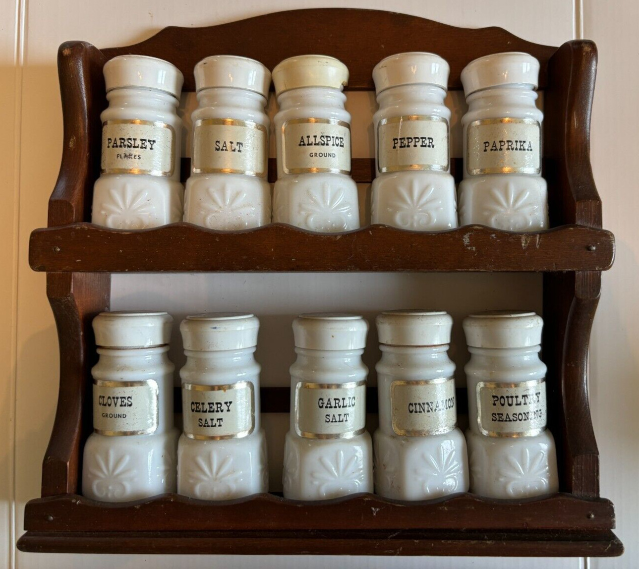 Vintage MCM 2 Tier Wood Spice Rack with 10 Milk Glass Spice Jars