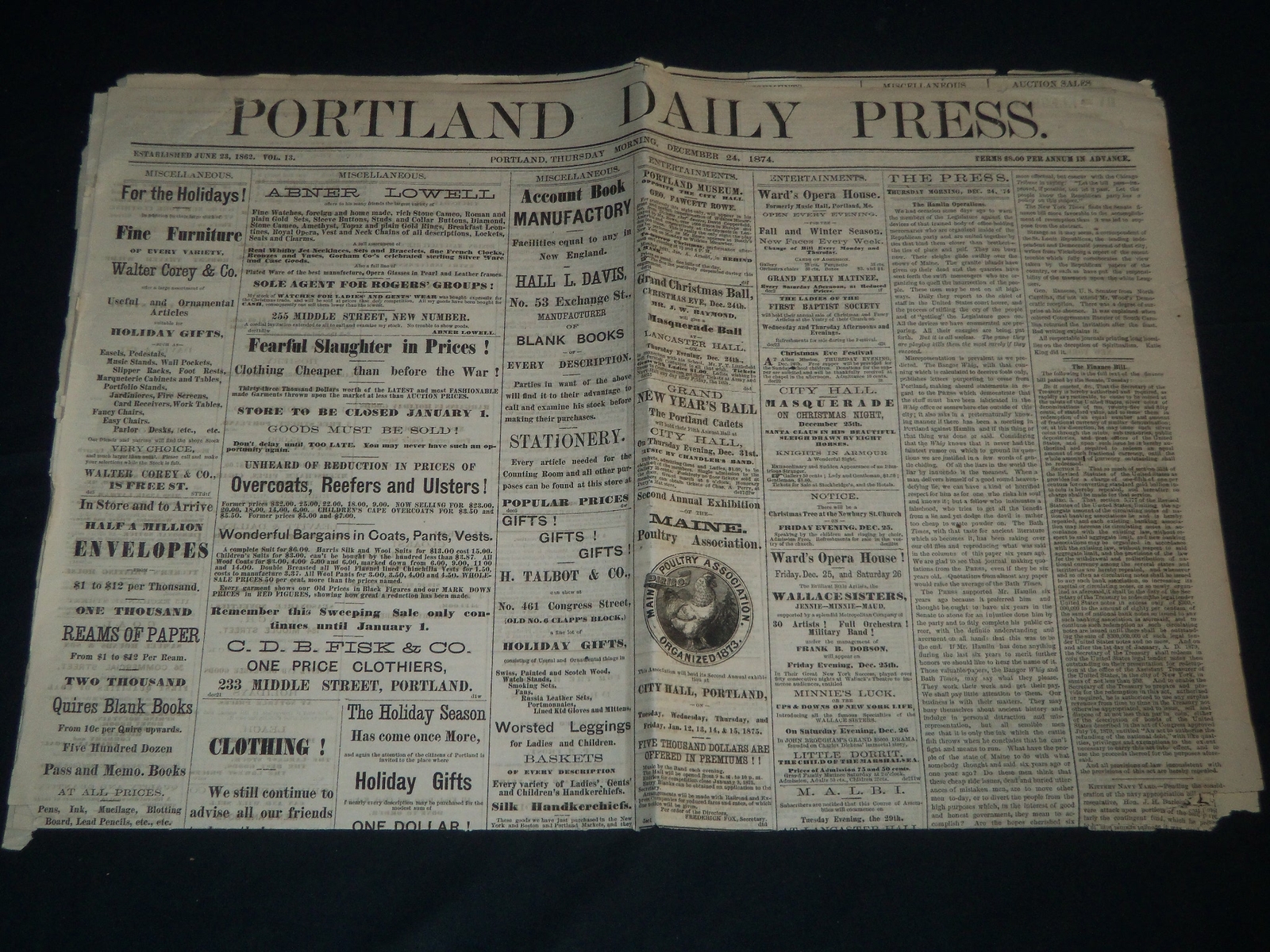 1874 DECEMBER 24 PORTLAND DAILY PRESS NEWSPAPER - THE HAMLIN OPERATIONS- NP 4179