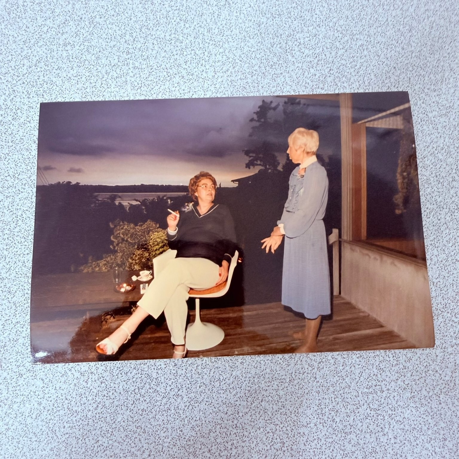 Two Women 1980s Snapshot Photo Smoking Outdoor Patio Candid1983
