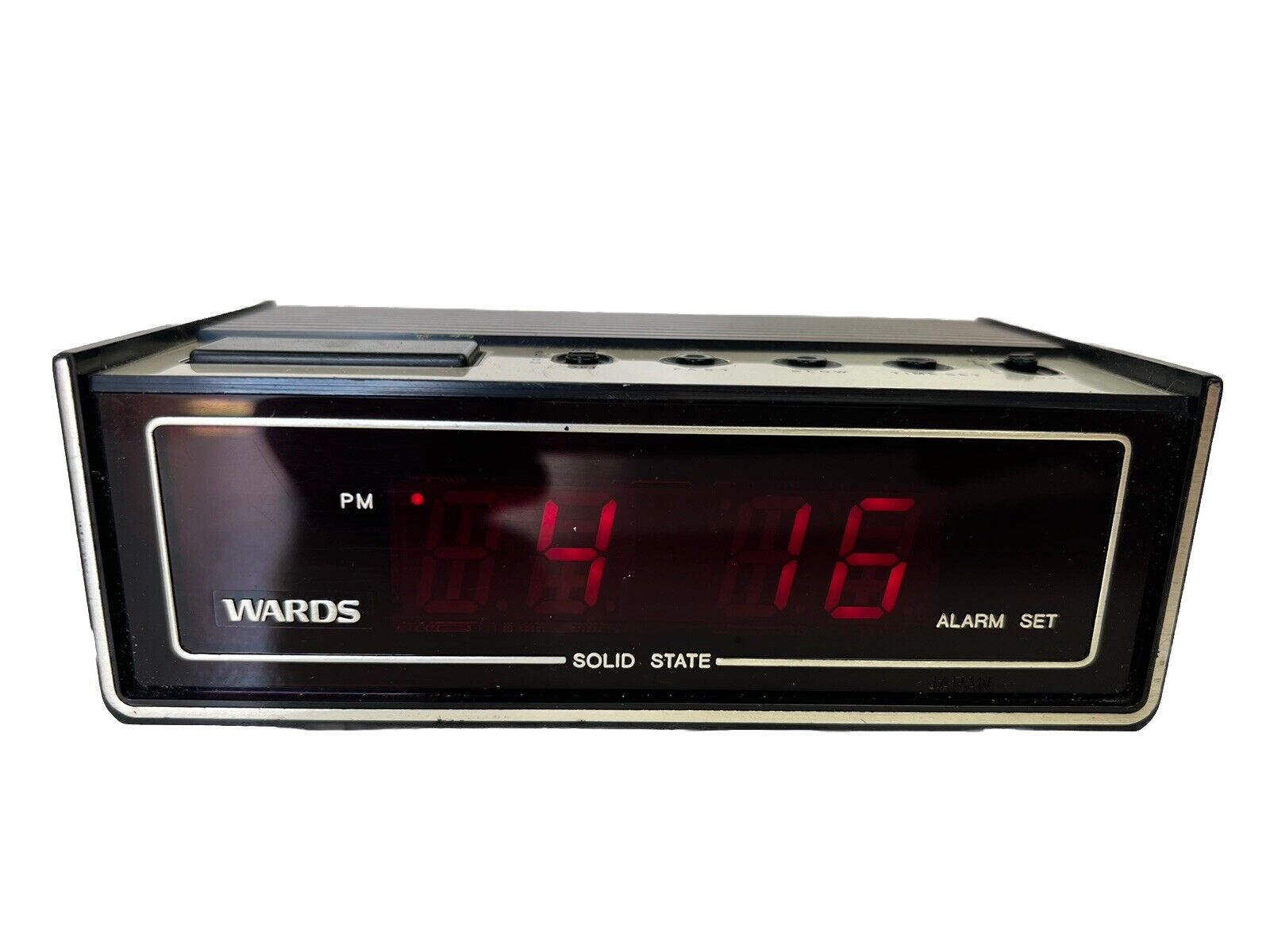 WARDS SOLID STATE ALARM CLOCK MODEL 45-9778 MADE IN JAPAN SIMULATED WOOD GRAIN