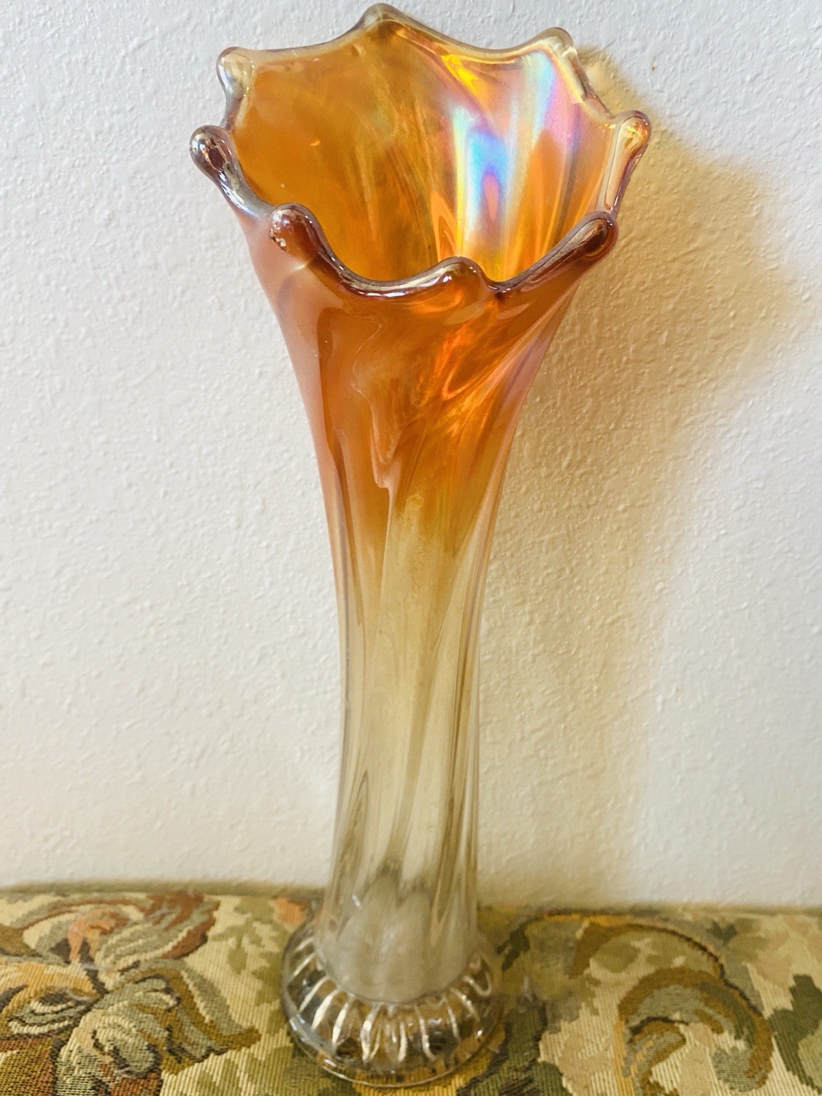 Vintage Fenton Fine Rib Marigold Iridescent Carnival Glass Vase Swung Fluted Vintage Fenton Fine Rib Marigold Iridescent Carnival Glass Vase Swung Fluted