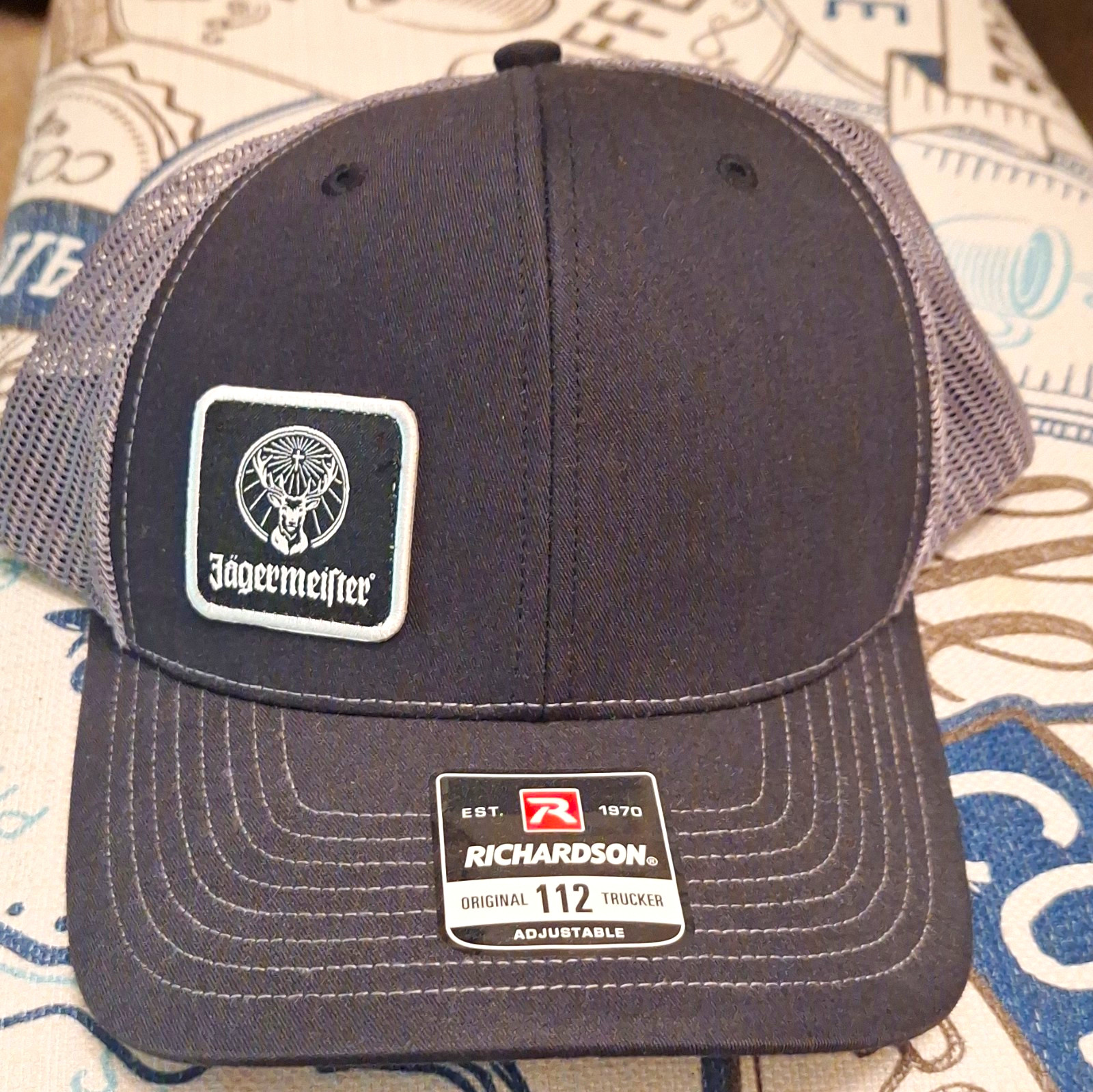 Jagermeister Richardson 112 Trucker Snapback Adjustable Hat Cap Black Gray Mesh