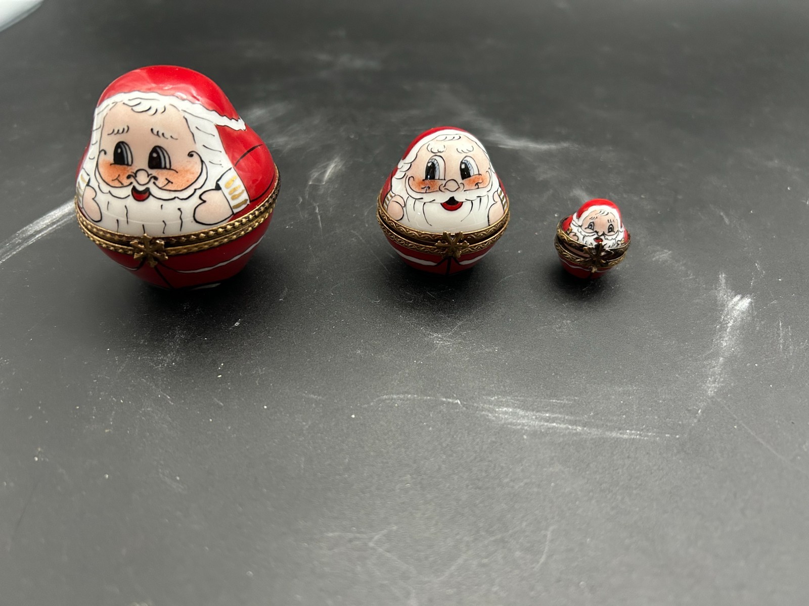 Authentic Limoges France Nesting Santa Box Set 3pc Peint Main Porcelain Hinged