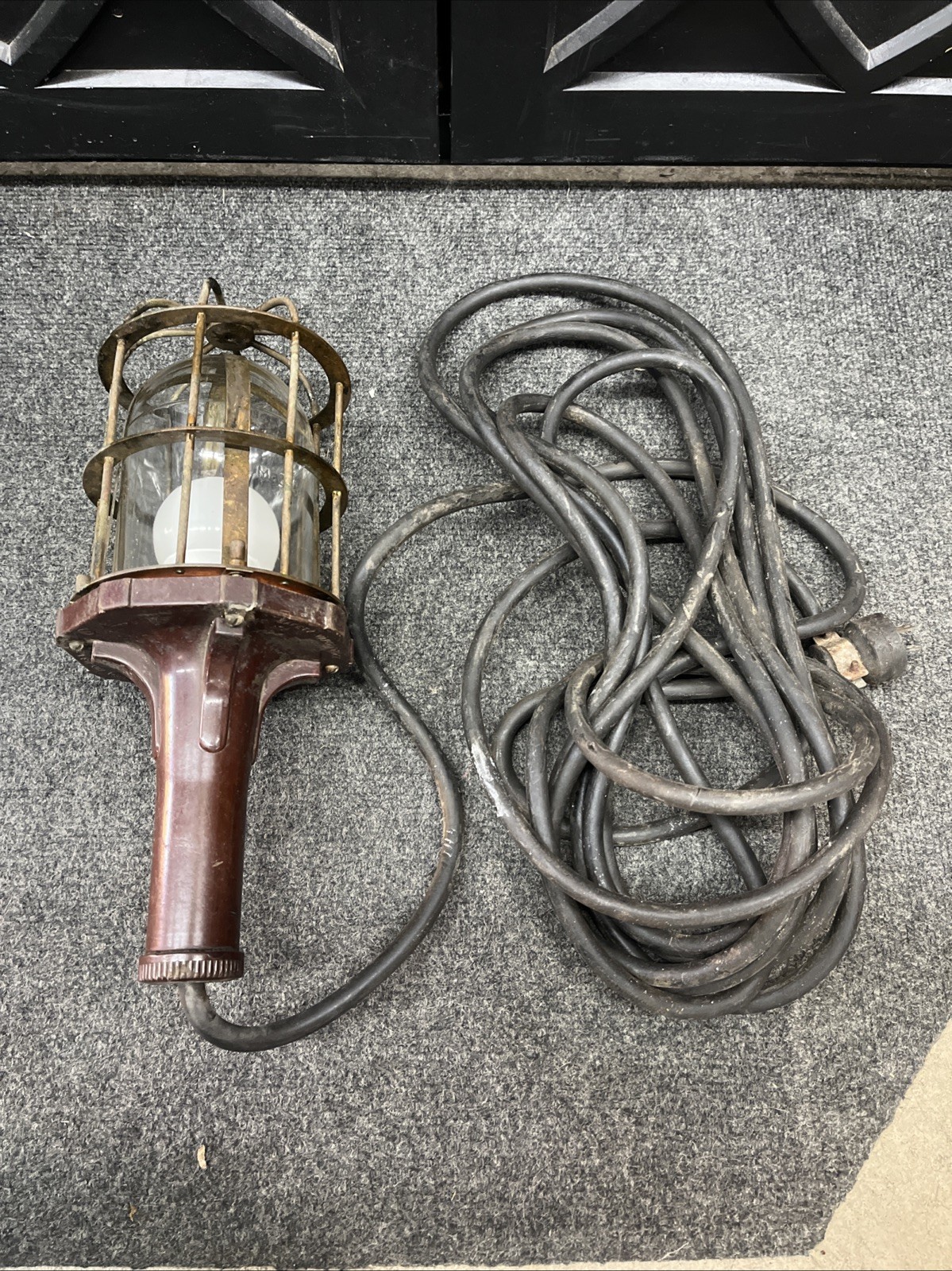 Vintage McGill American Industrial Brass Caged Trouble Lamp Light - Works