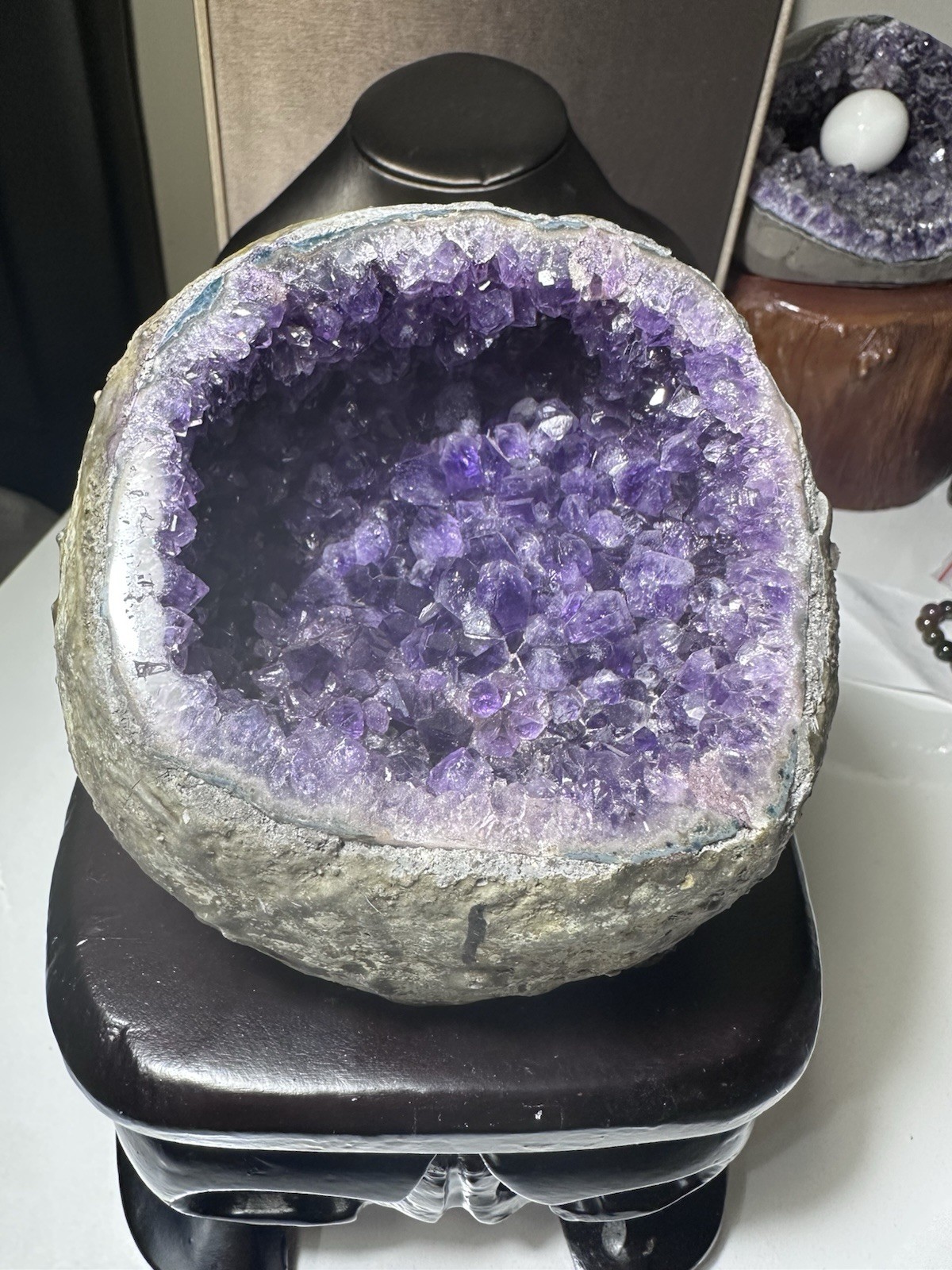 3.7 LB Natural Amethyst Geode Cave Crystal Cluster With Wooden Stand Home Decor