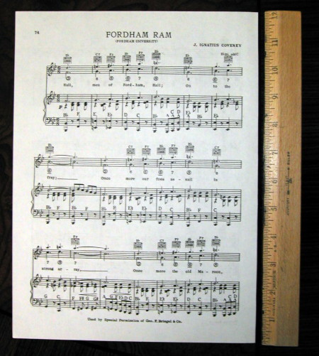 FORDHAM UNIVERSITY Vintage Song Sheet c 1938 \