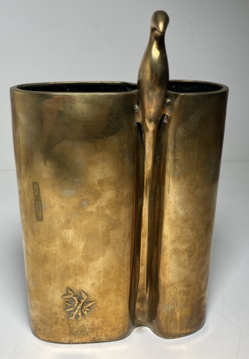Vintage Fine Sculptural Japanese Studio Brass Irregular Ikebana Vase Bamboo Bird