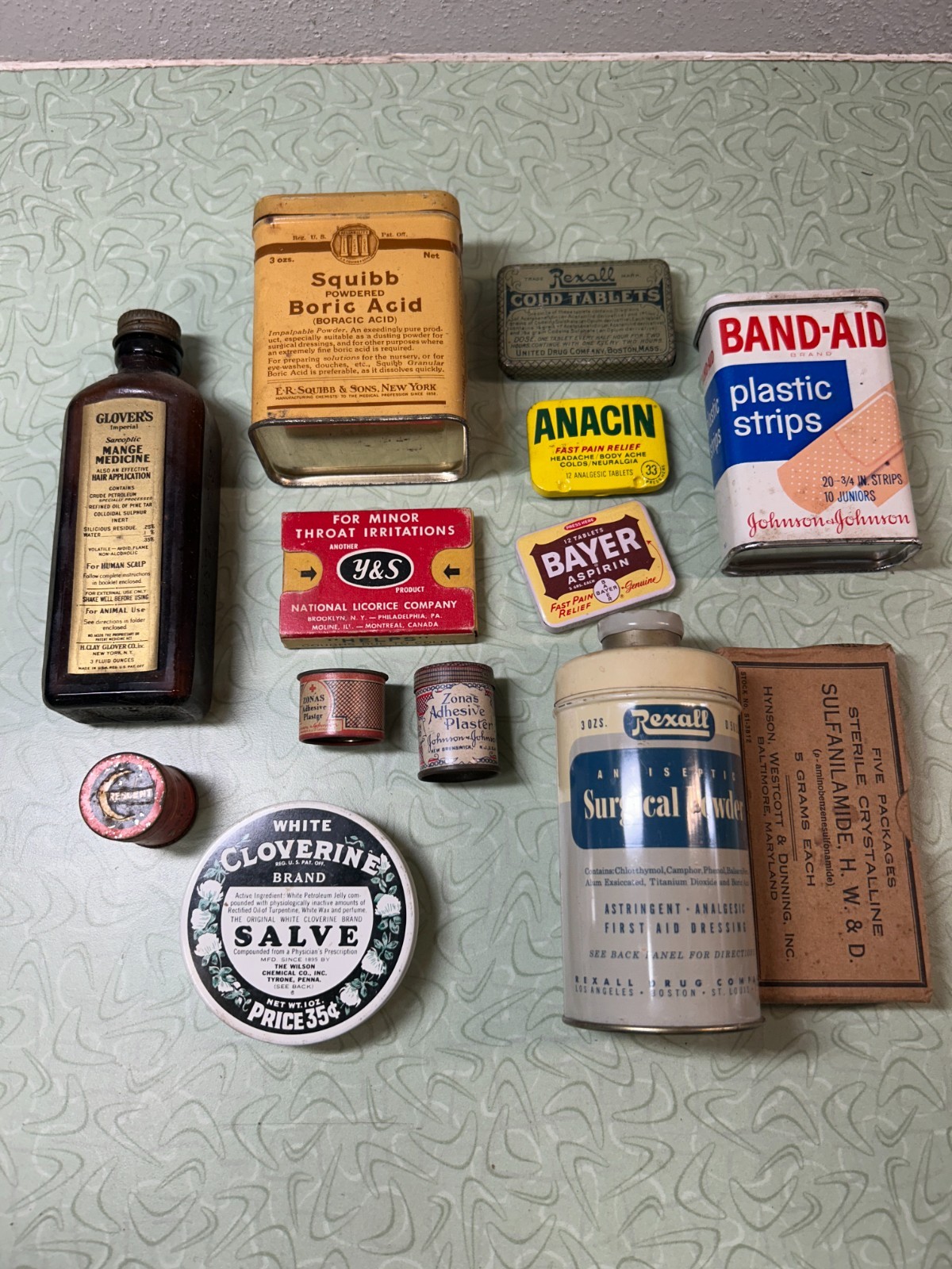 Vintage Medicine Containers Lot - Rexall, Squibb, Bayer, Anacin, Band-Aid Tins