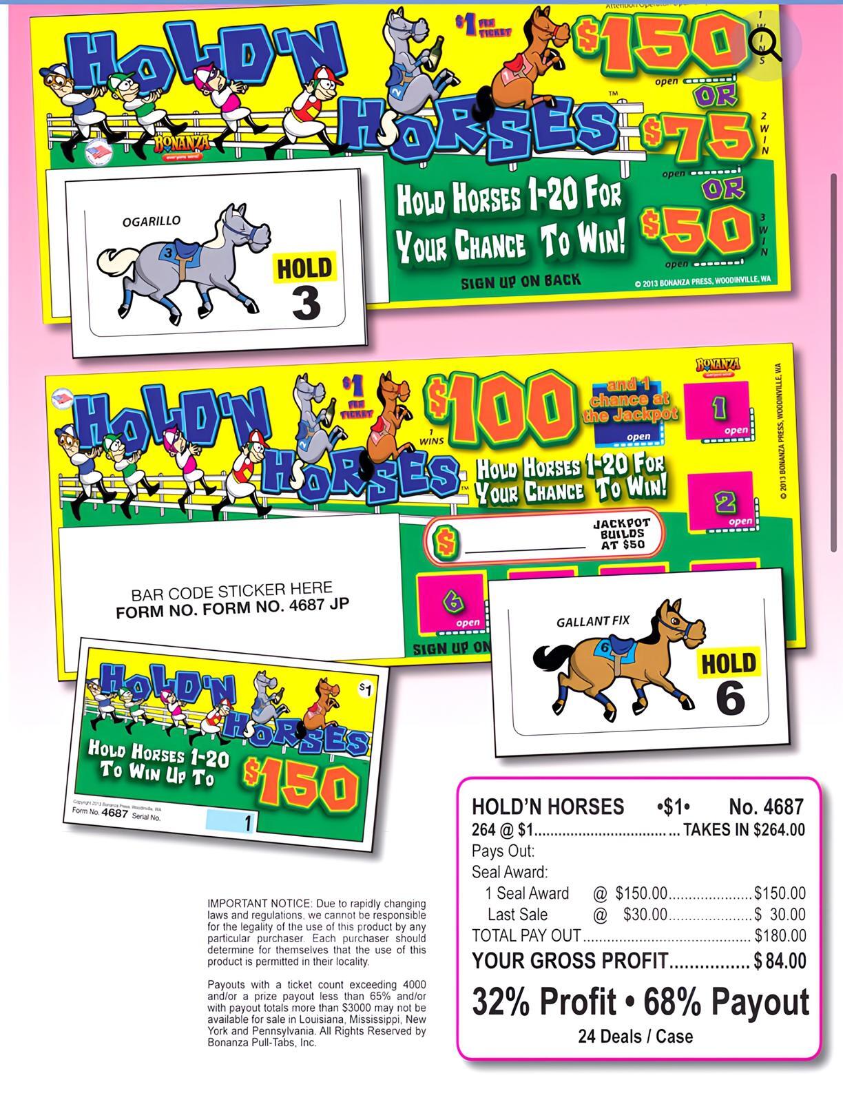 Pull Tab Ticket - Hard Card - Game - Hold'n Horses - 264 ct