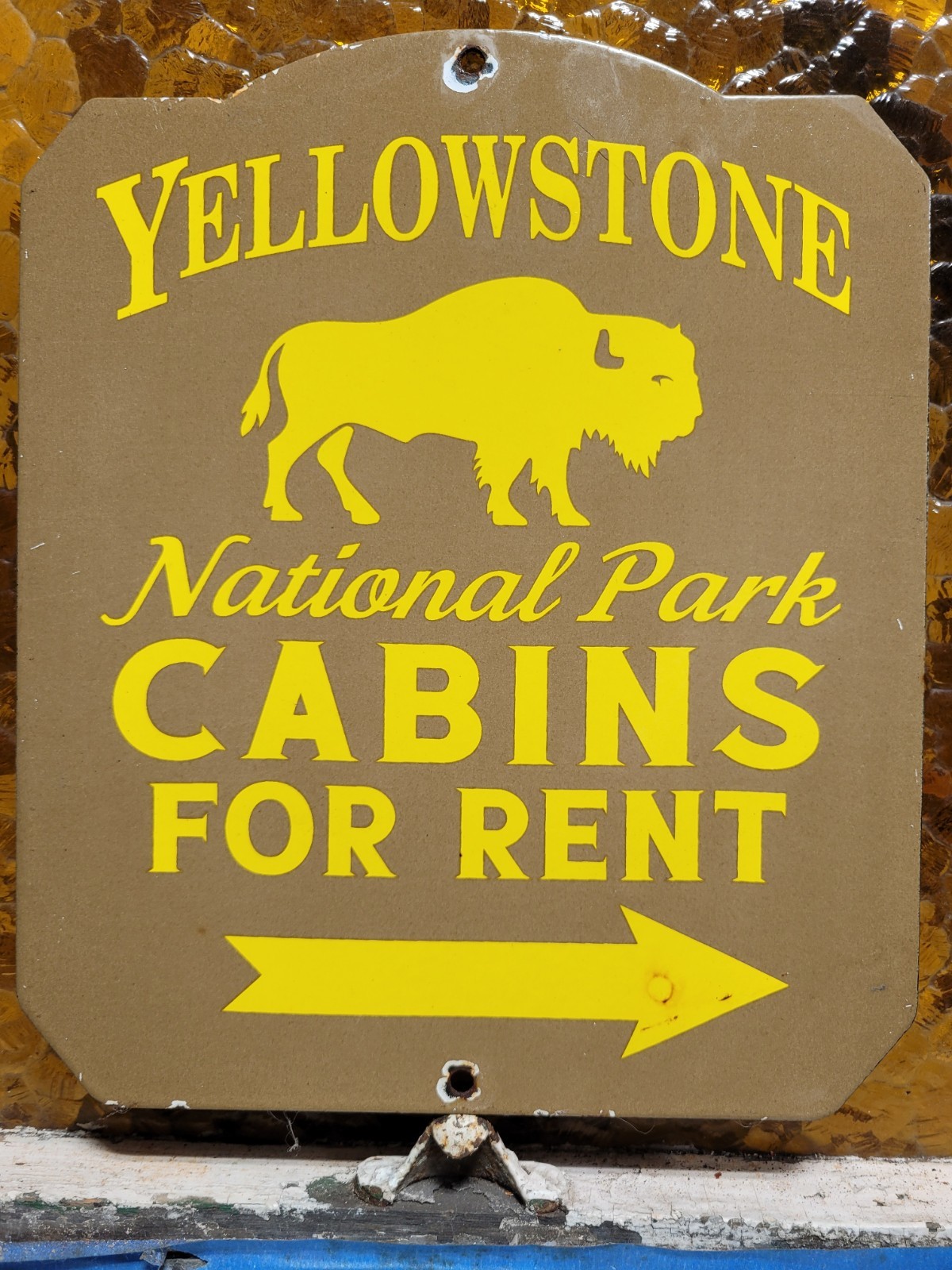 VINTAGE YELLOWSTONE PORCELAIN SIGN OLD NATIONAL PARK CABIN FOR RENT BISON 12\