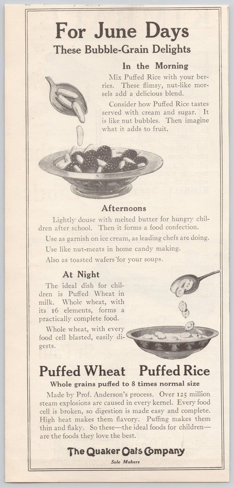 Puffed Wheat Rice Quaker Oats Bubble Grain Foods June Days 1922 Print Ad