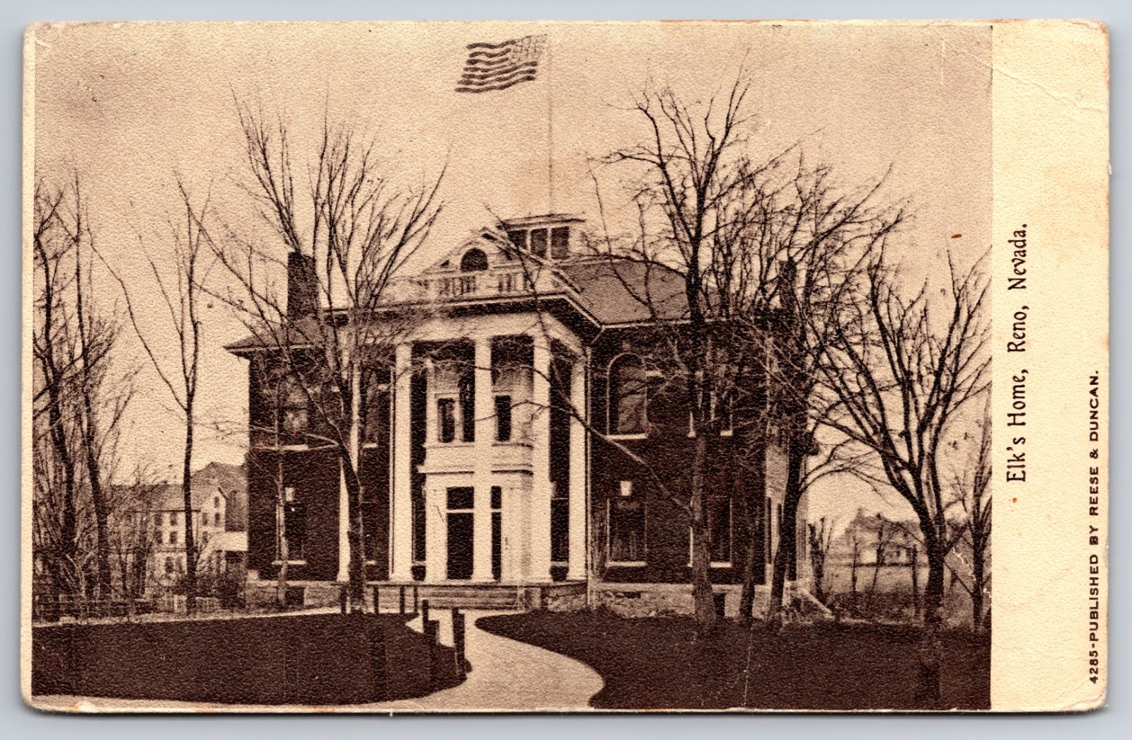 BPOE Elk\'s Home Reno Nevada American Flag Trees Early Postcard
