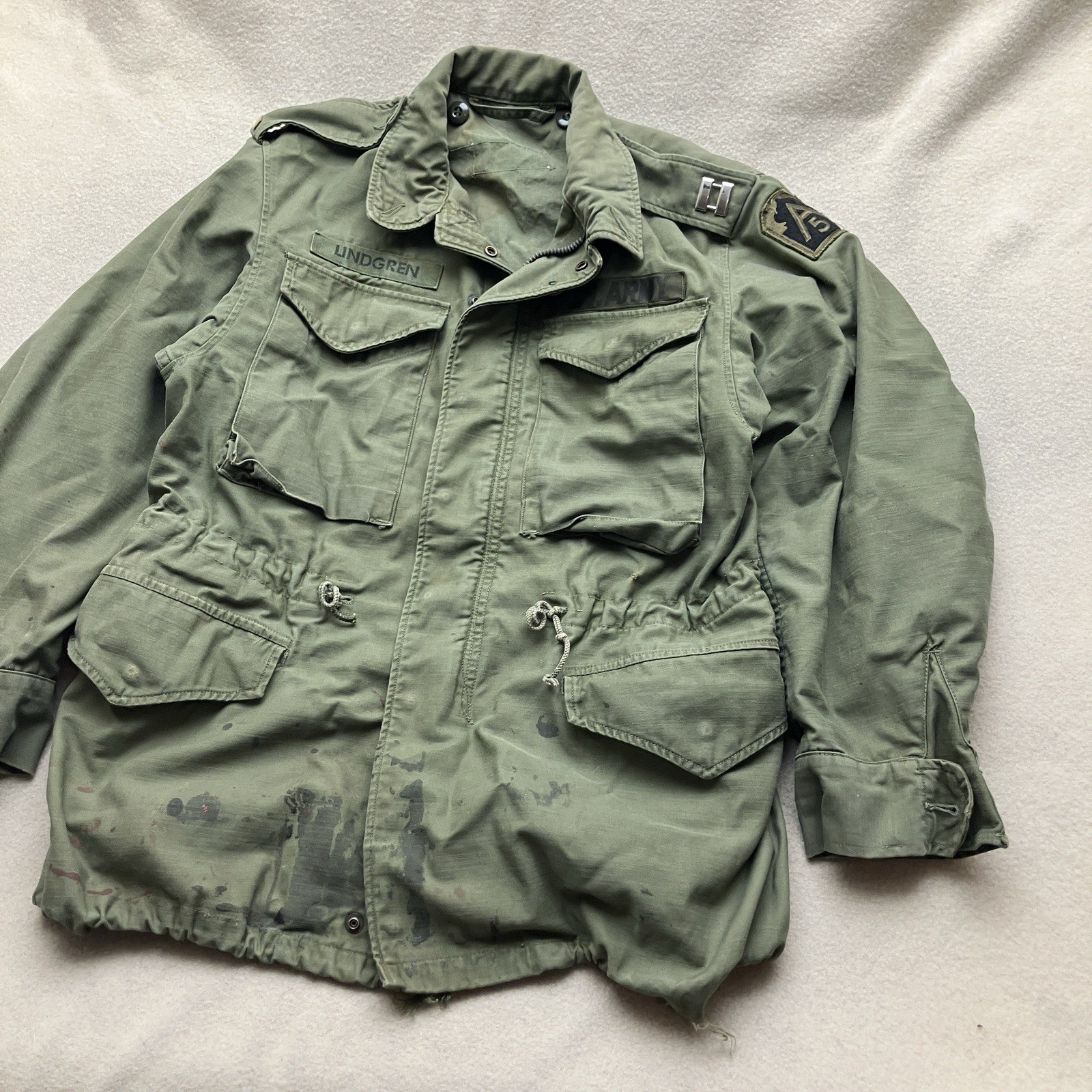 1950s OG 107 Coat Mans Field Green Cotton WRS WRT Short Small Distressed Vtg