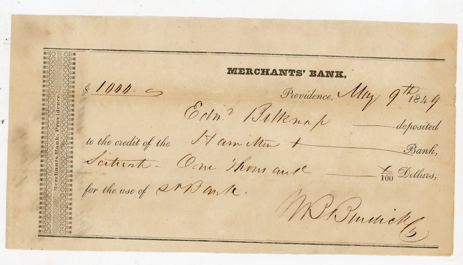1849 Merchants Bank Providence RI Deposit Receipt $1000 Hamilton & Burnick