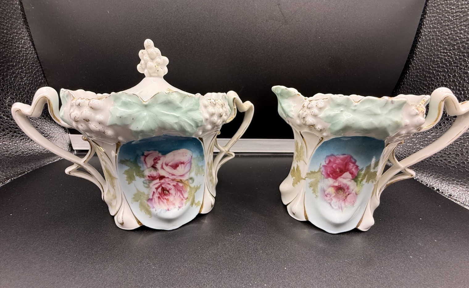 Antique RS Prussia Red Mark Snowdrop Mold Creamer & Sugar Set Repaired Crack