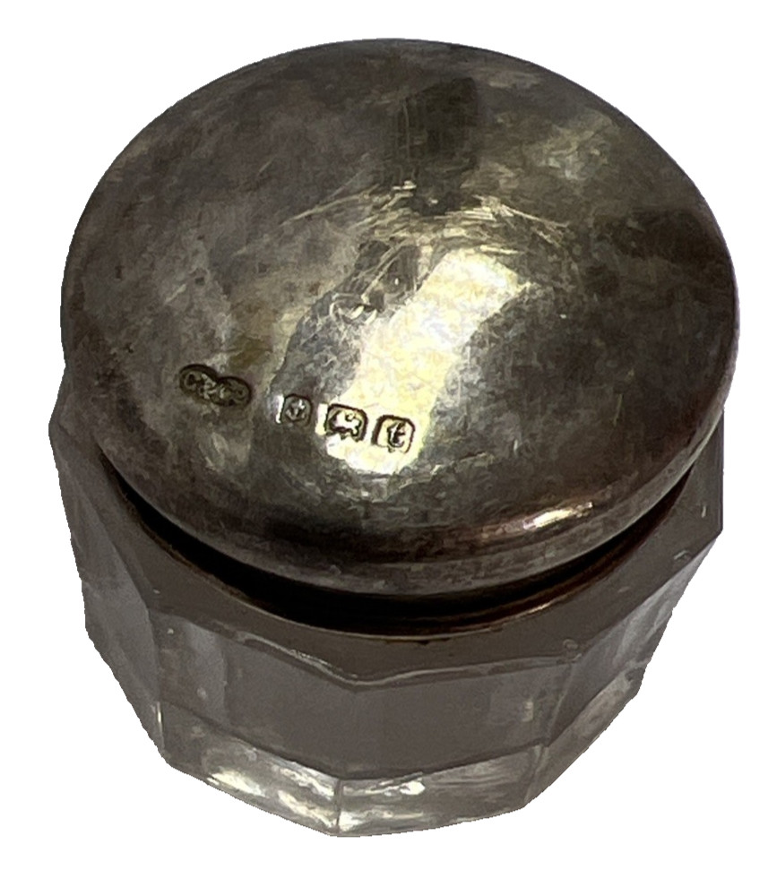 1918 Antique Cut Glass Pill Box – Sterling Silver Lid – Birmingham Hallmarks