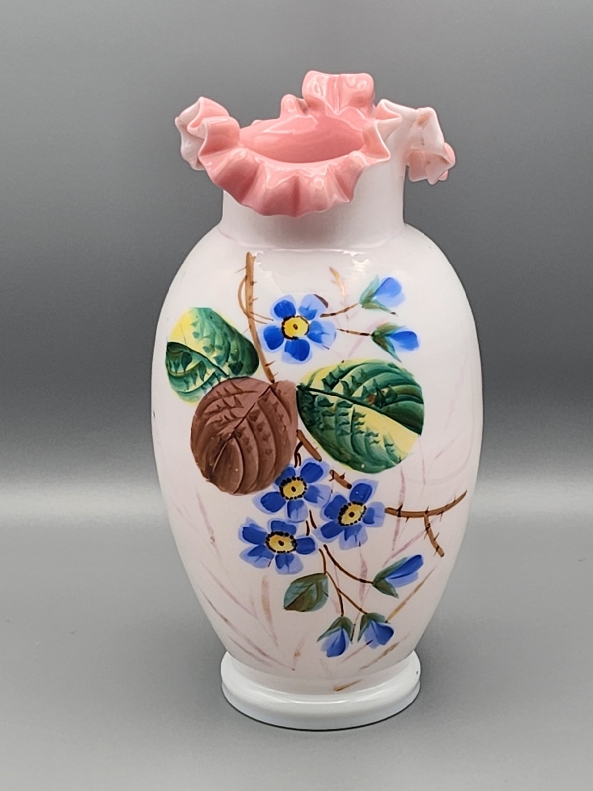 Vintage Handpainted Victorian Ruffled Top Opaline Bristol Glass Vase Vintage Handpainted Victorian Ruffled Top Opaline Bristol Glass Vase