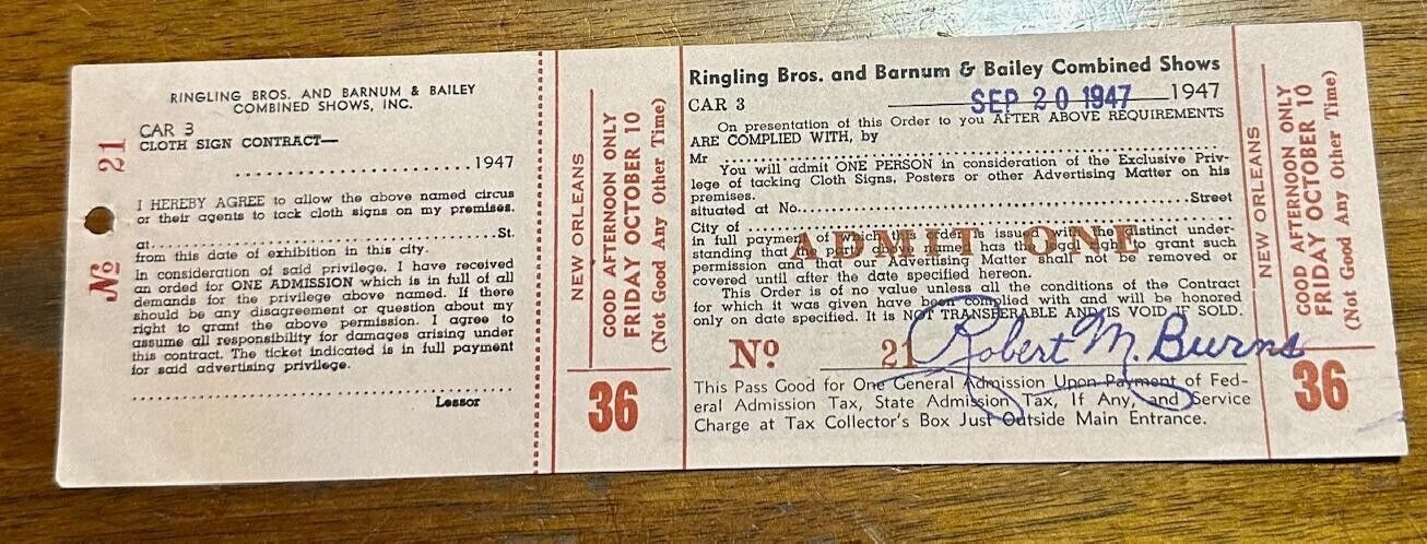 1947 RINGLING BROS. AND BARNUM & BAILEY CIRCUS NEW ORLEANS TICKET UNUSED #36