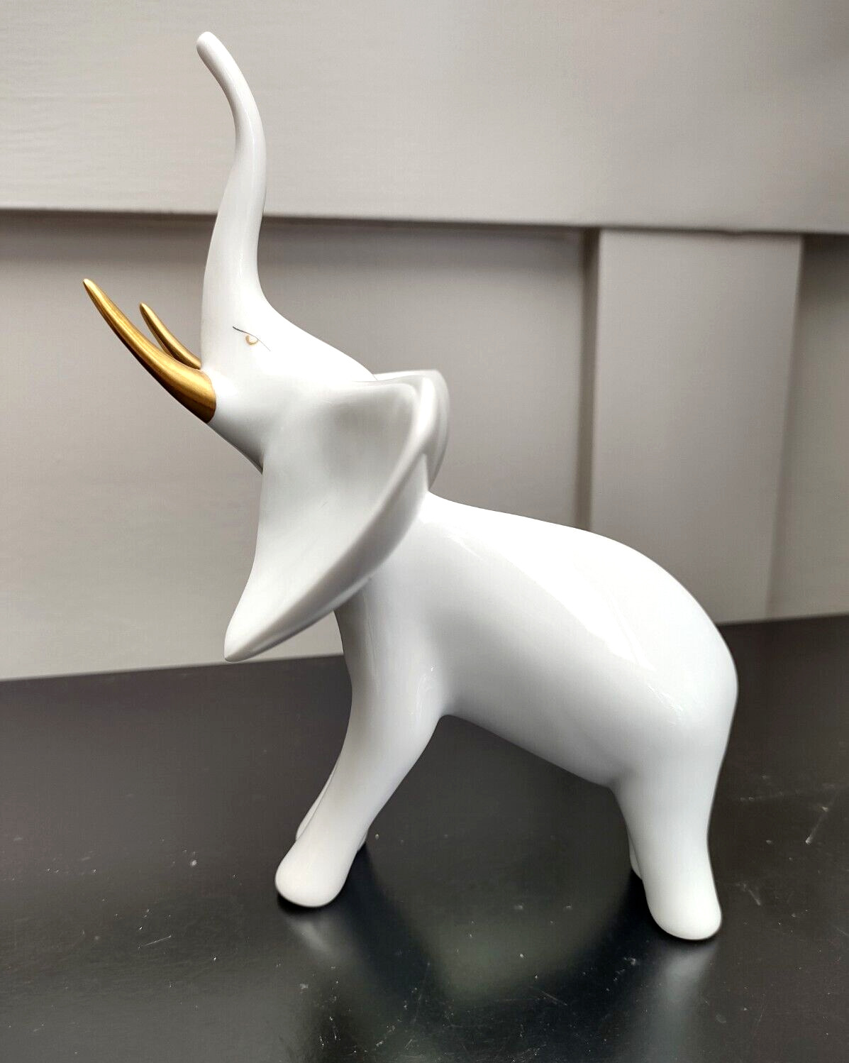 Hollohaza Porcelain White Elephant with Gold Tusks Figurine Made in Hungary