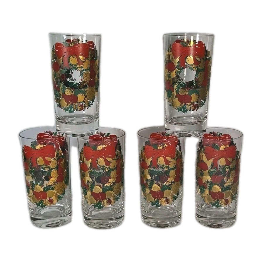 Vtg MCM 60sChristmas Glasses Wreath Gold Red Green Fruit Red Bow 12 oz. Set of 6
