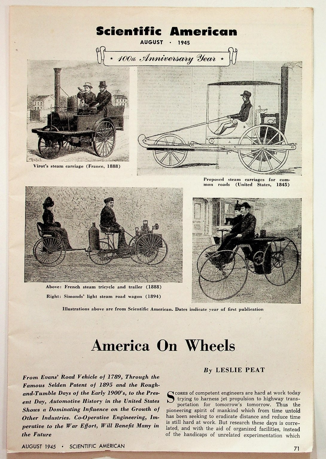 1945 Scientific American Magazine Article America On Wheels Antique Cars History