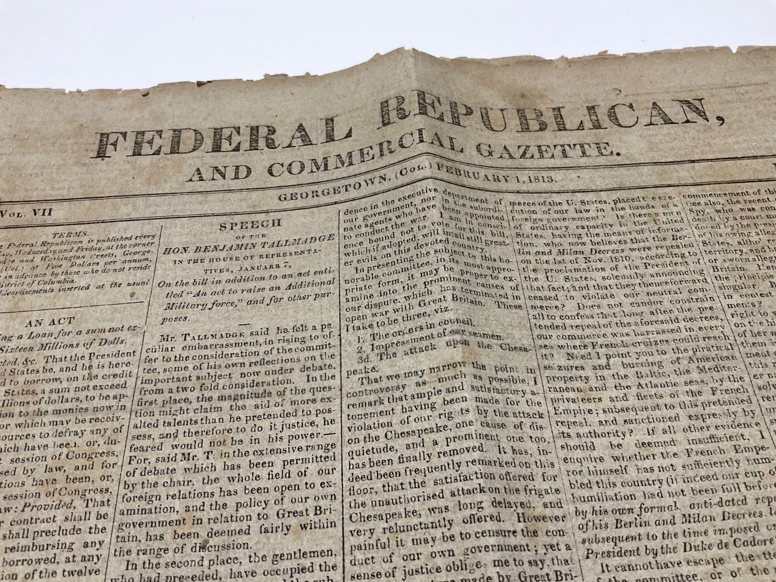 BRITISH INVASION WAR OF 1812 COMPLETE NEWSPAPER 1813 FEDERAL GEORGETOWN