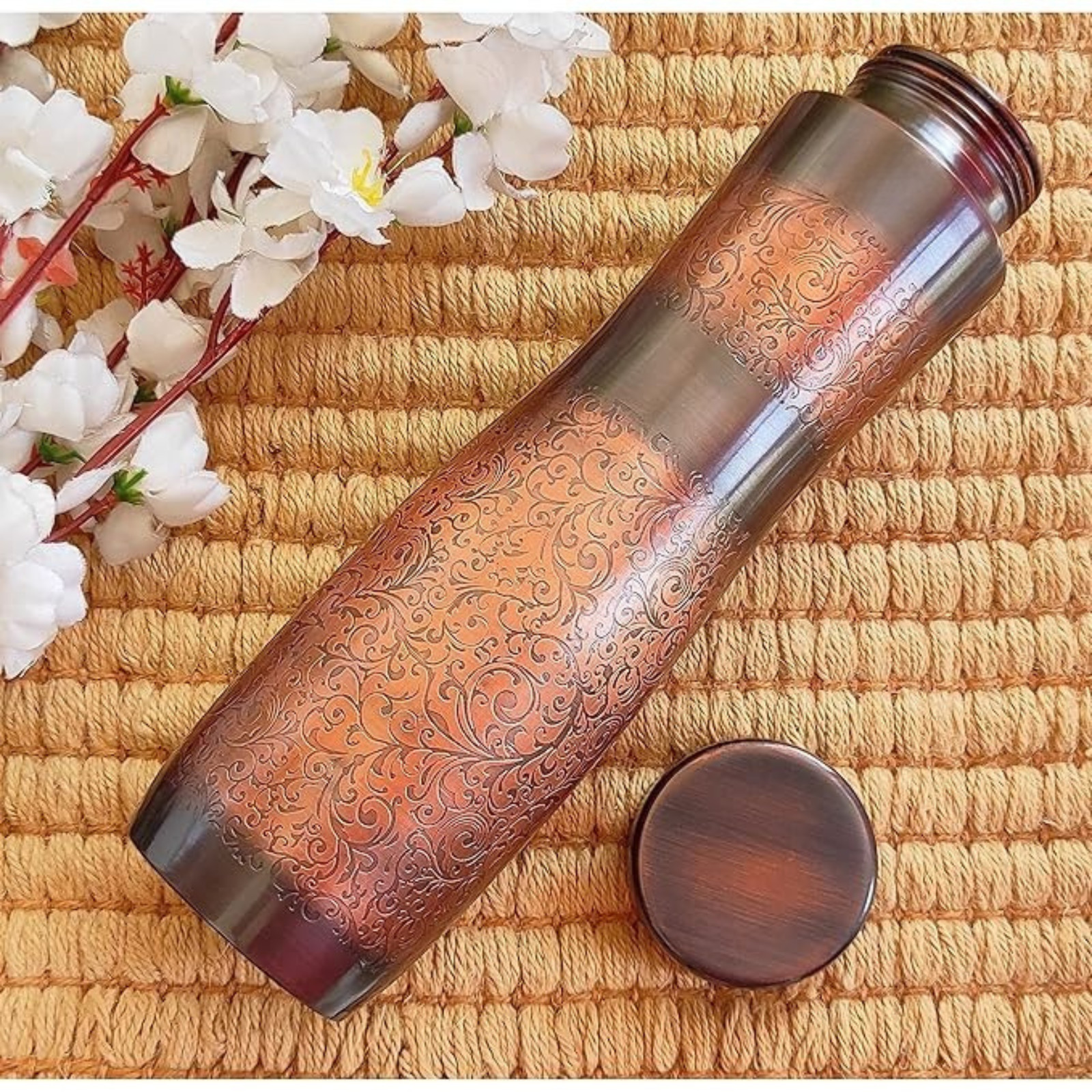Antique Dark Finish Embossed Copper Water Bottle in Champion Design, Vol. 975 ML