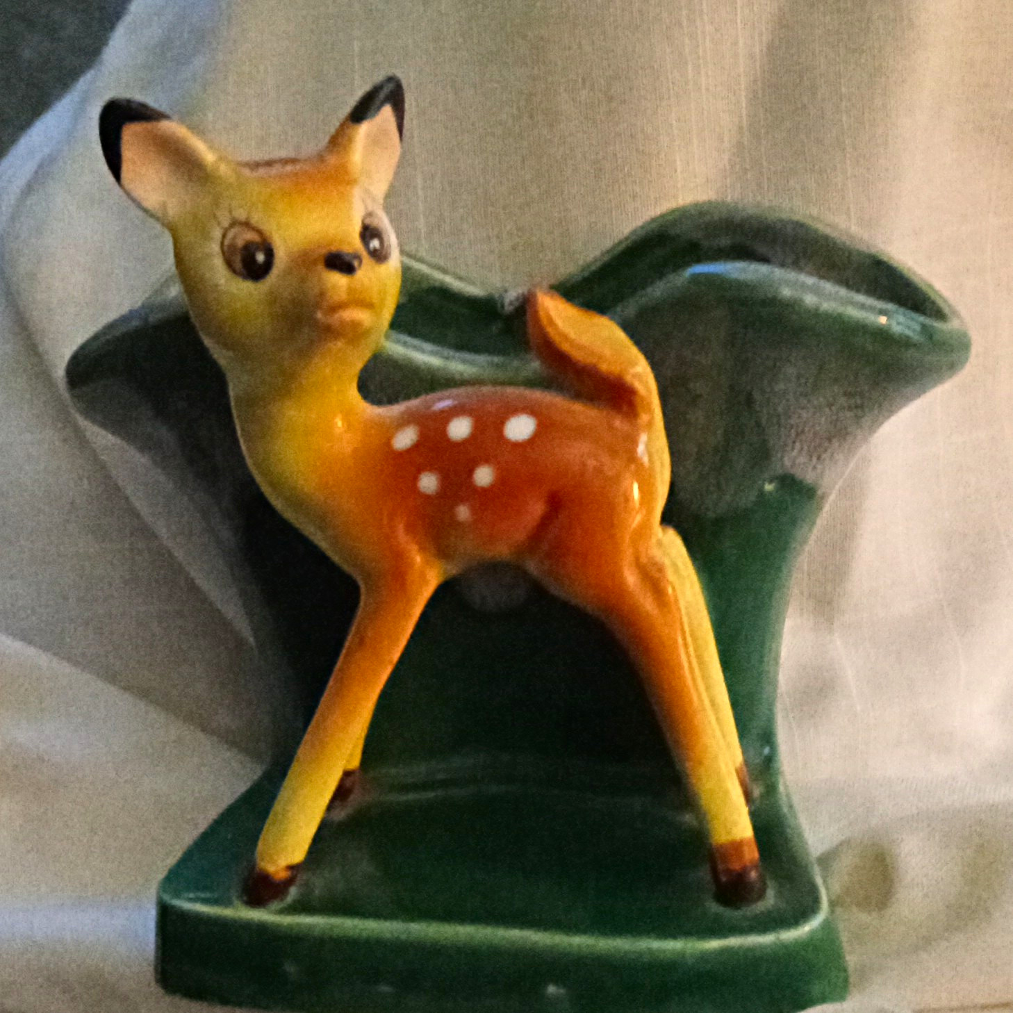 Green Ceramic Deer/Fawn Planter Hand Painted Glazed Asymmetrical Spotted