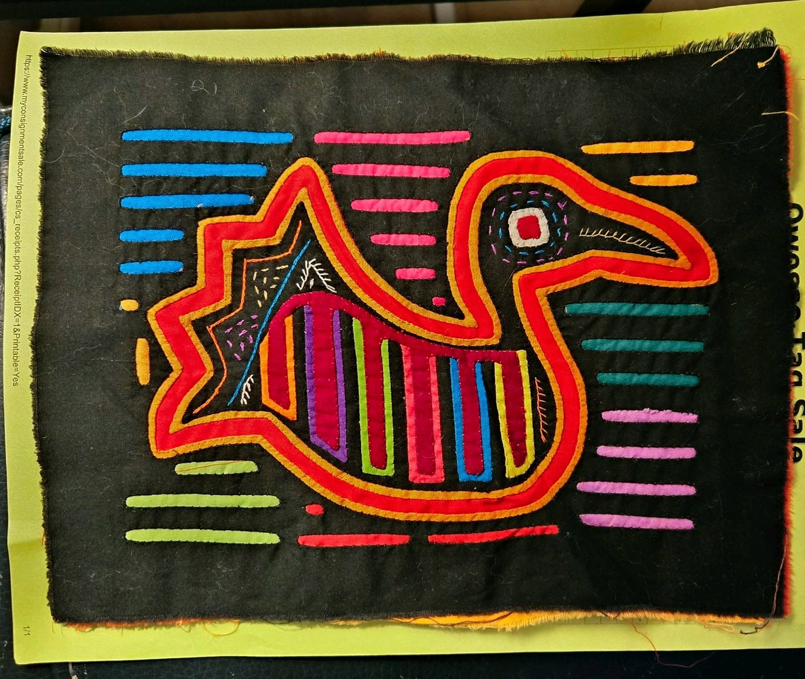 Kuna Mola Panama Vintage Hand Sewn Folk Art Textile 7.5 x 9.5 Inch Piece Bird