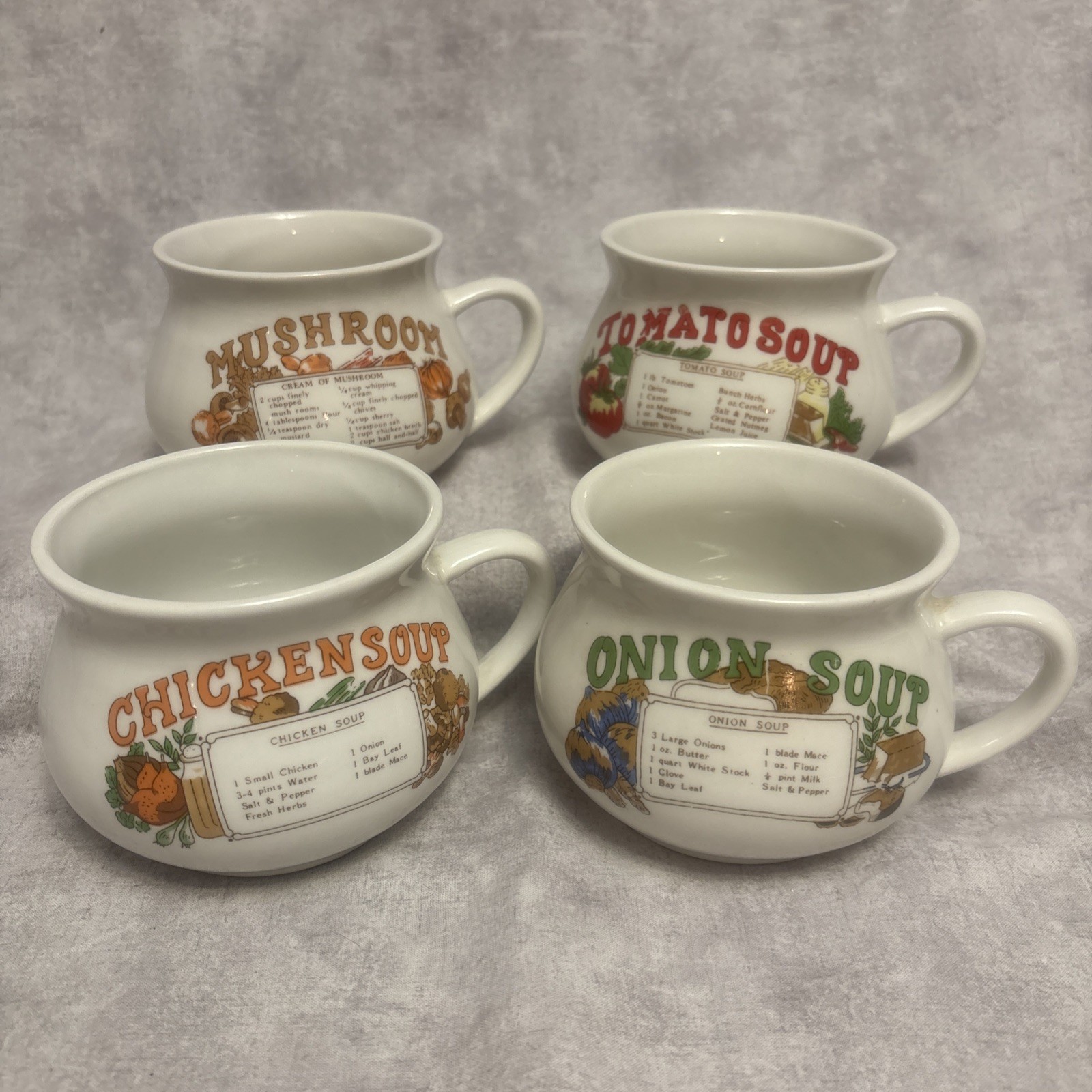 Vintage Recipe Soup Mug Bowl Set of 4 Chicken Mushroom Onion Tomato Stoneware
