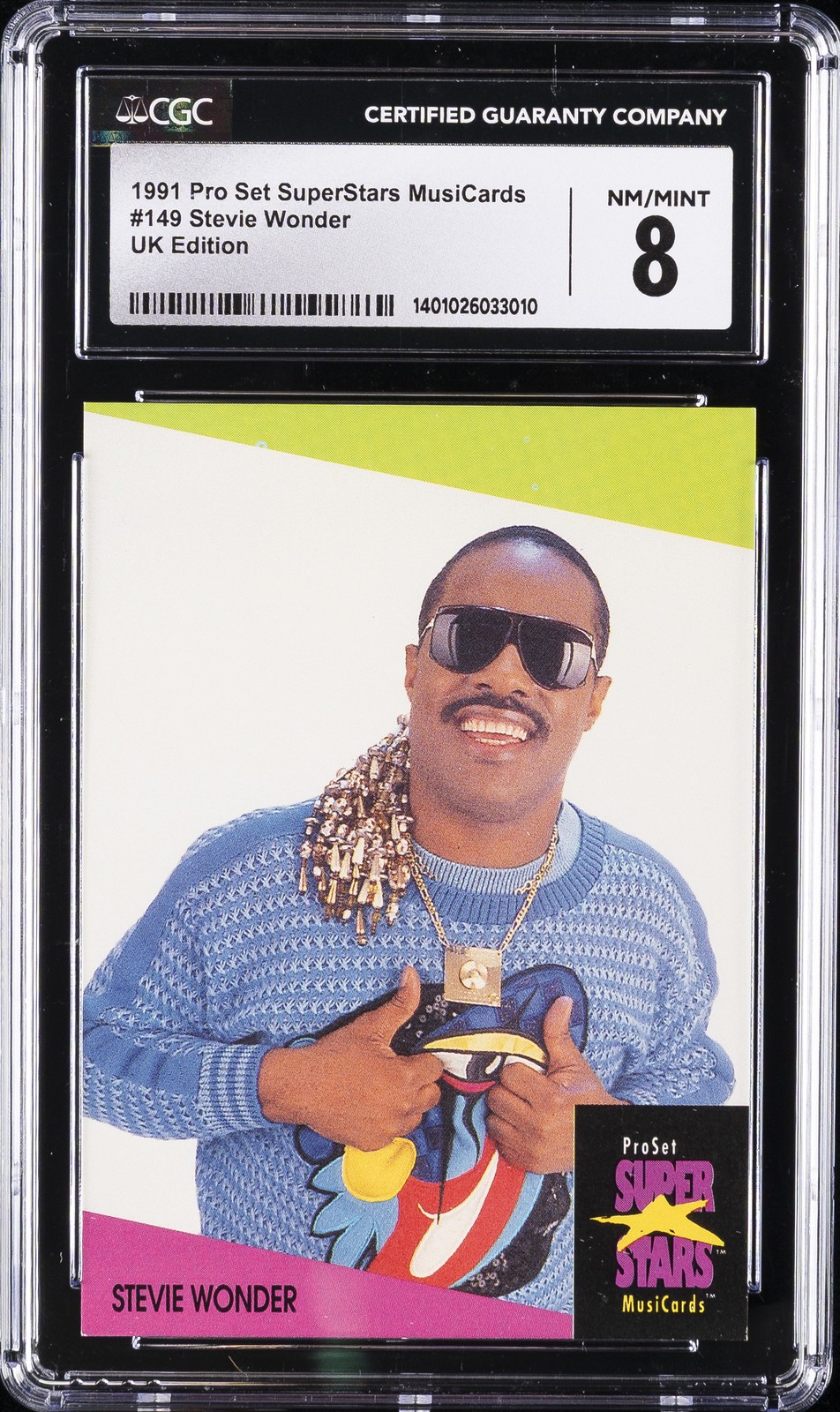 1991 PRO SET SUPERSTARS MUSICARDS UK EDITION #149 STEVIE WONDER CGC 8