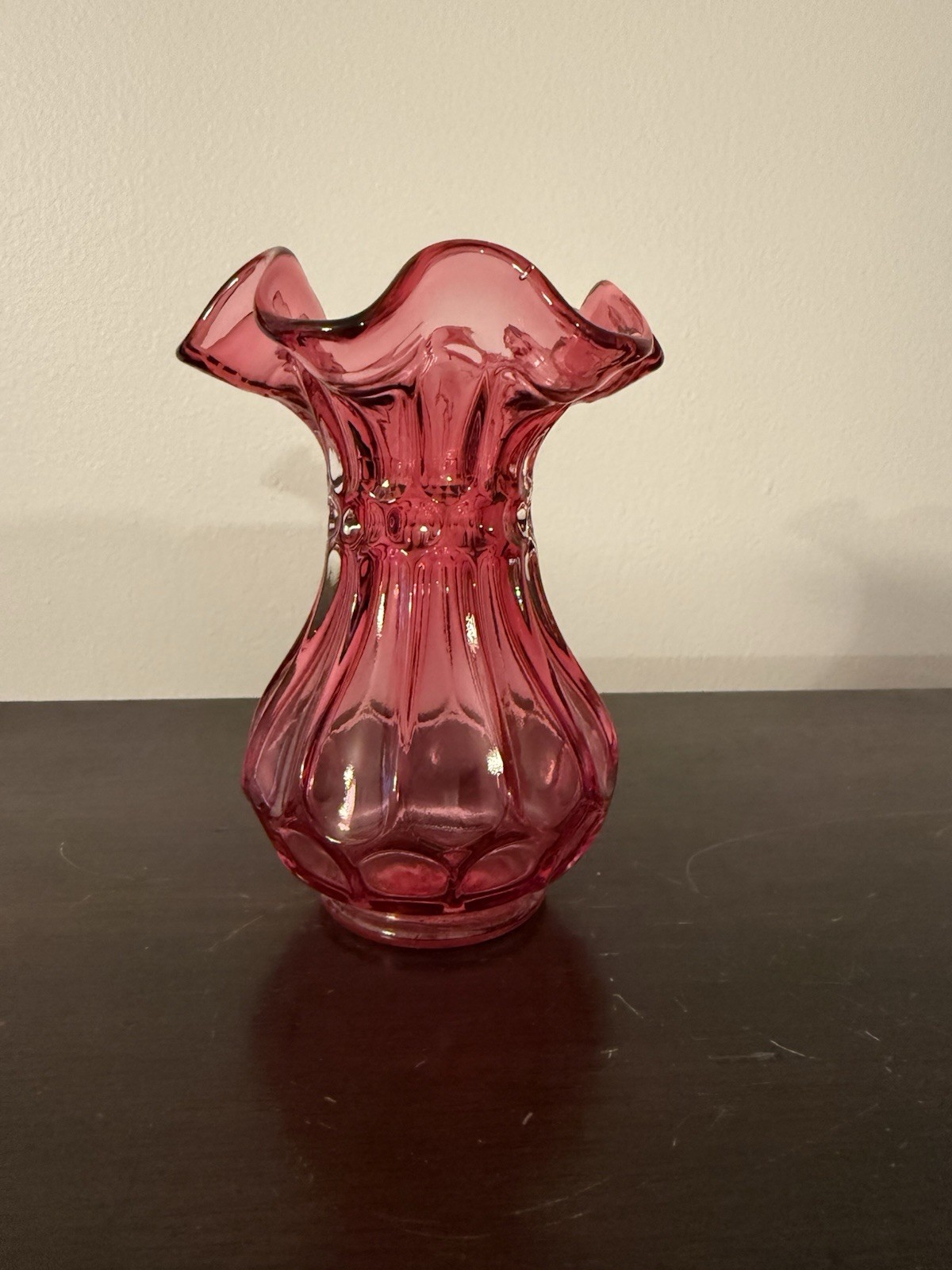 Vtg Fenton Cranberry Thumbprint Vase, Ruffled Top, Signed By George Fenton 2000