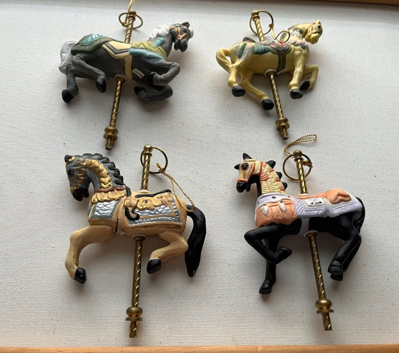 Vintage Porcelain Carousel horses on  brass poles with hangers - set of four (4)