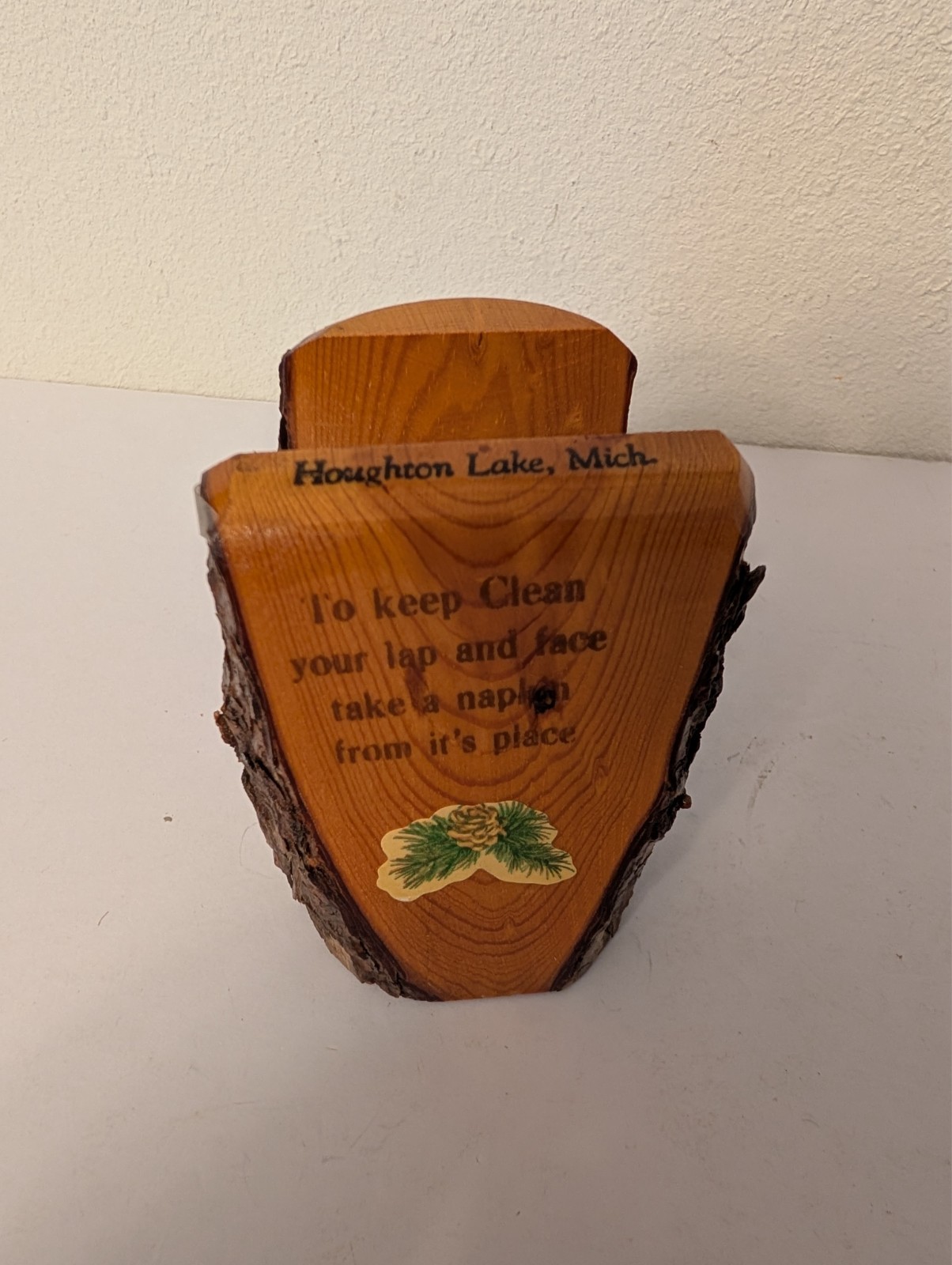 Rustic Houghton Lake, MI Napkin Holder Sawn Wood Log Bark  NICE