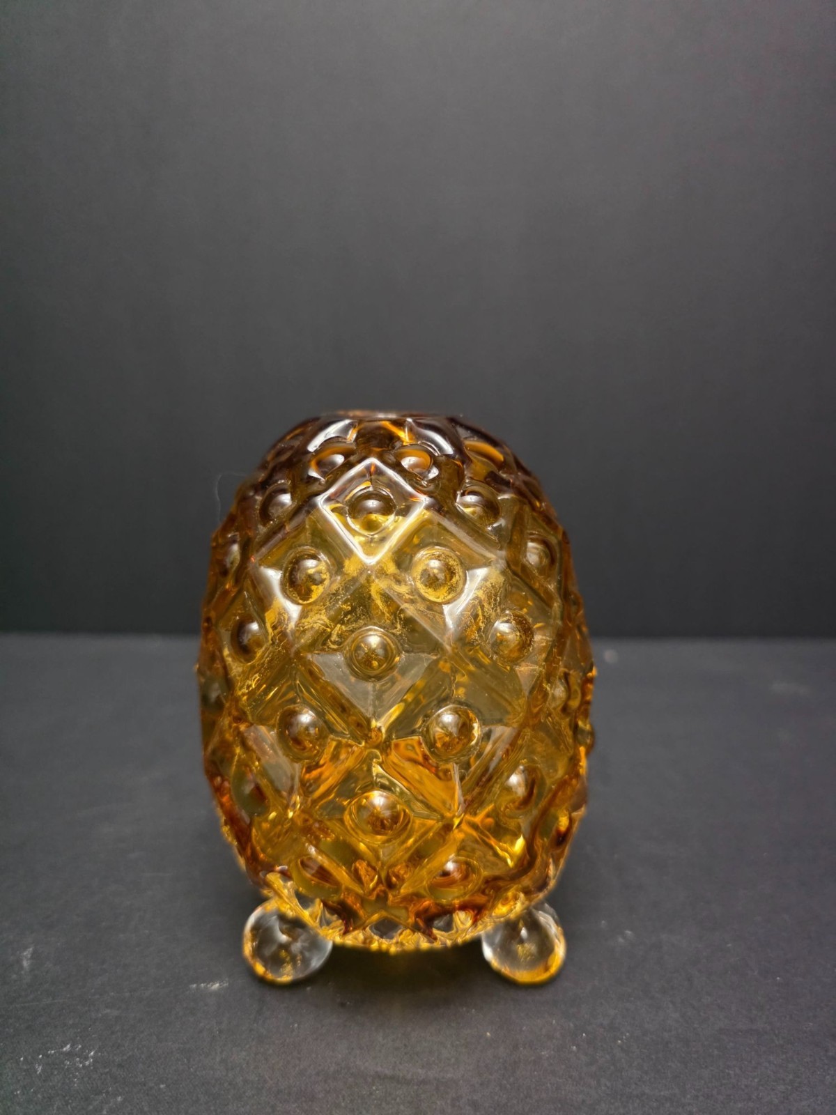 Amber Diamond Point Glass Egg Vase With Three Clear Ball Feet Vintage Mid-Centur