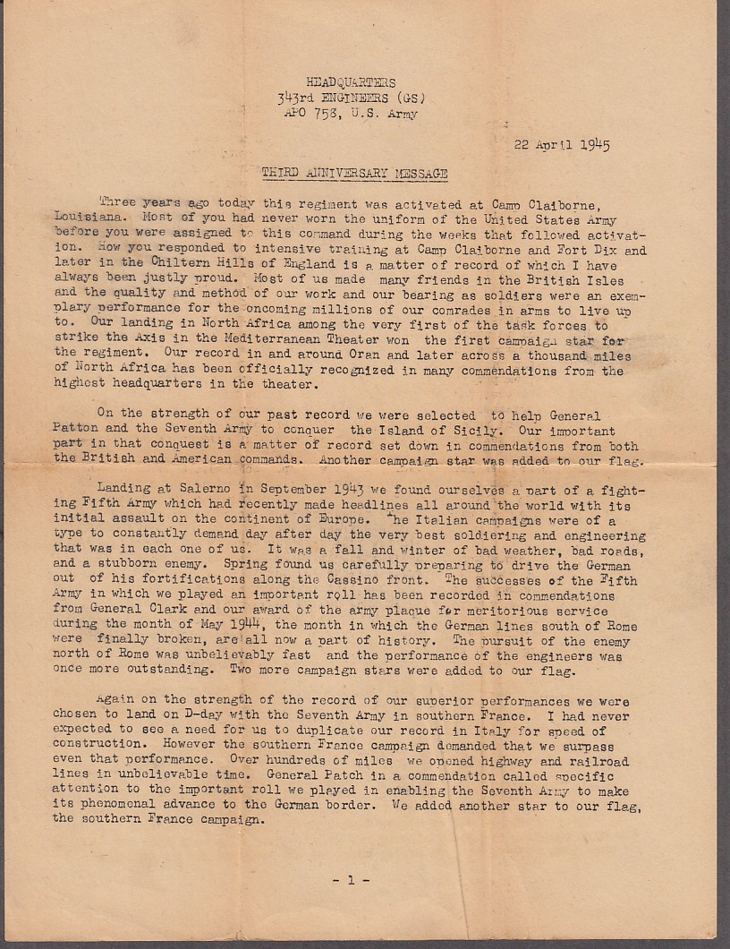 US Army 343d Engineers Third Anniversary Message from Col Dunbar 1945