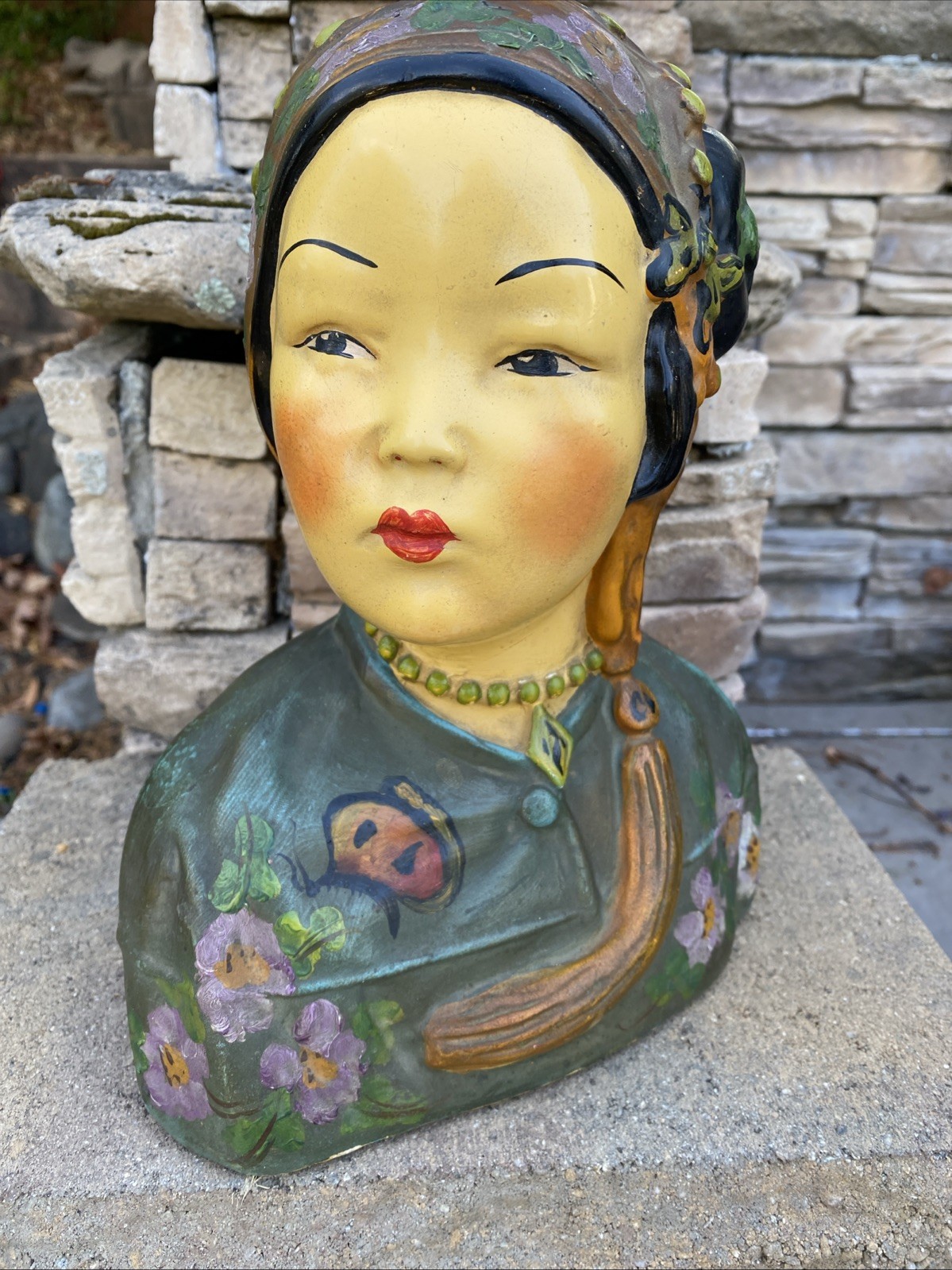 1920s chalk ware bust Chinese Asian woman Joe Celona original paint