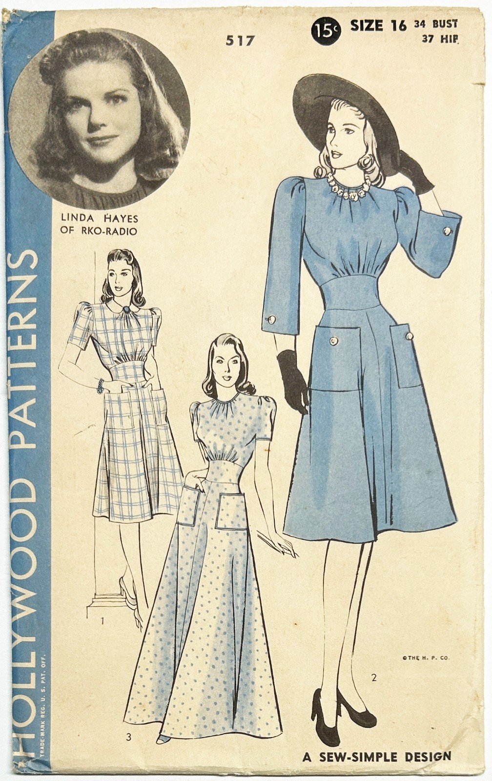 Vintage 1940's Hollywood Sewing Pattern 517 Linda Hayes: Dress Size 16 Unused