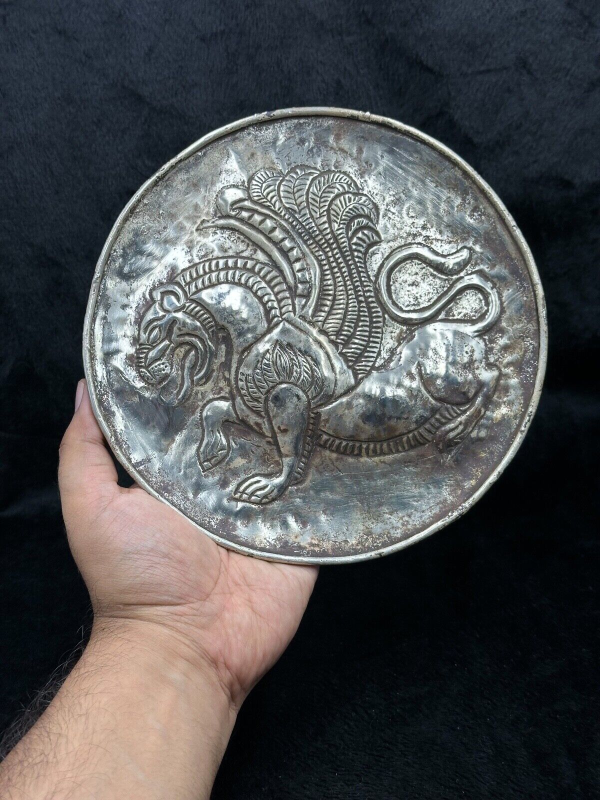 Ancient Sasanian Empire Mythical Griffin Animal Silver Coated Dish 224–651 AD