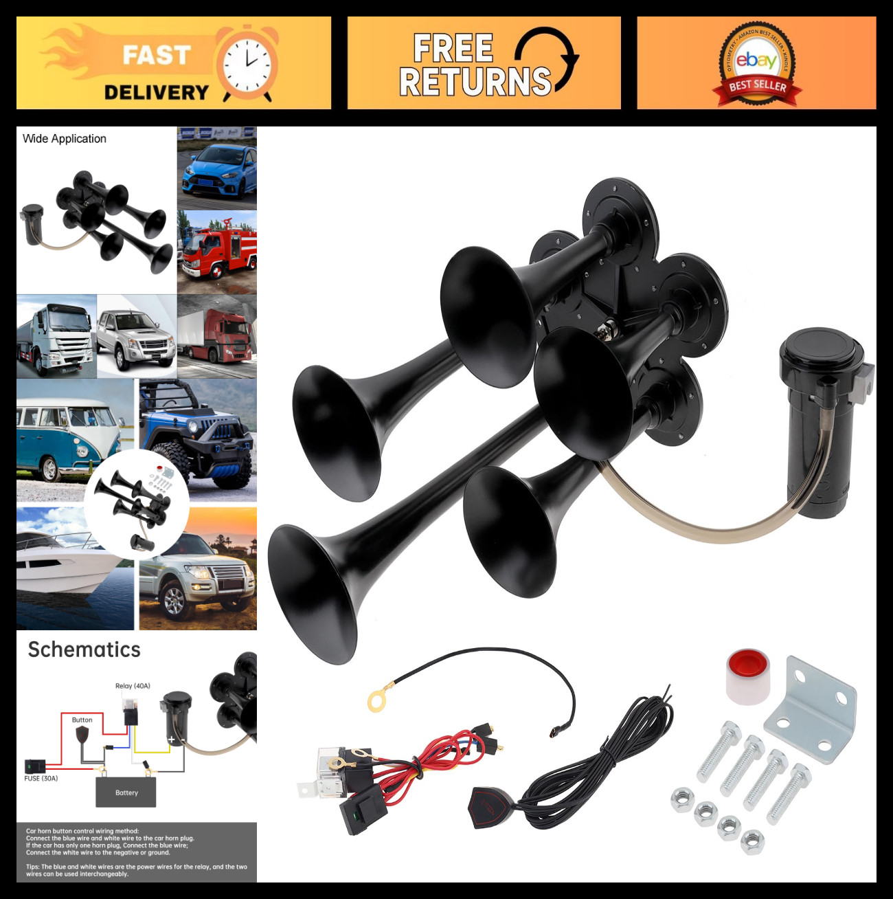 Super Loud 185dB Train Horn Kit for Trucks, Cars & Boats - 5 Trumpets & Compress
