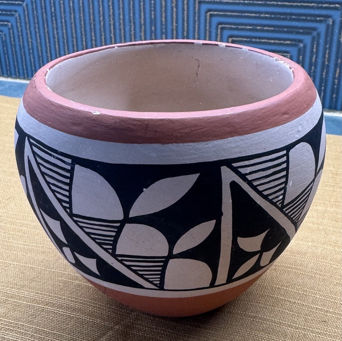 Vintage Jemez Pueblo Pottery Bowl Black White Geometric Hand Painted Signed CI