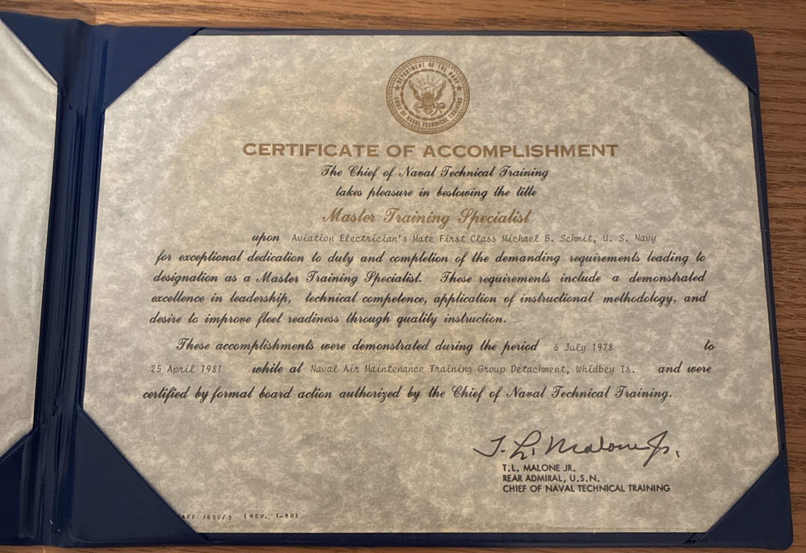 US Navy Certificate Of Accomplishment W/Official US Navy Display/Holder