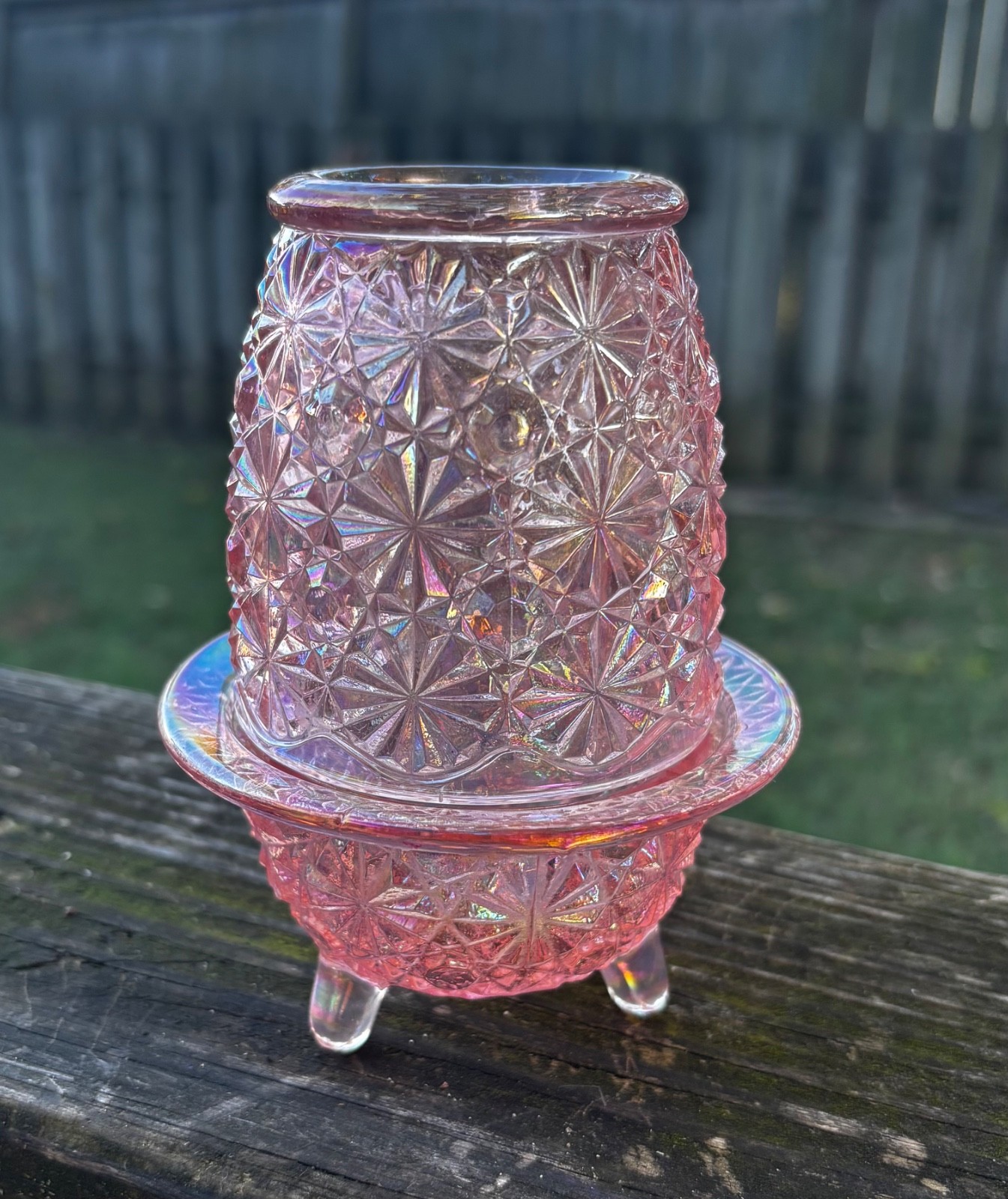 Vintage L.E. Smith Pink Woodrose Lustre Daisy & Button FAIRY LAMP Footed Base