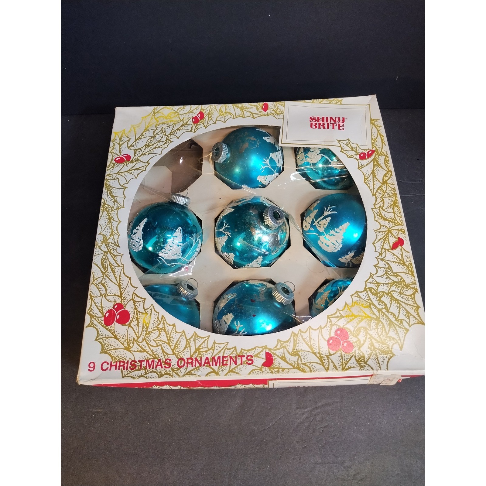 VTG Shiny Brite Stenciled Tree Glass Christmas Ball Ornaments Bauble Teal 8 pc