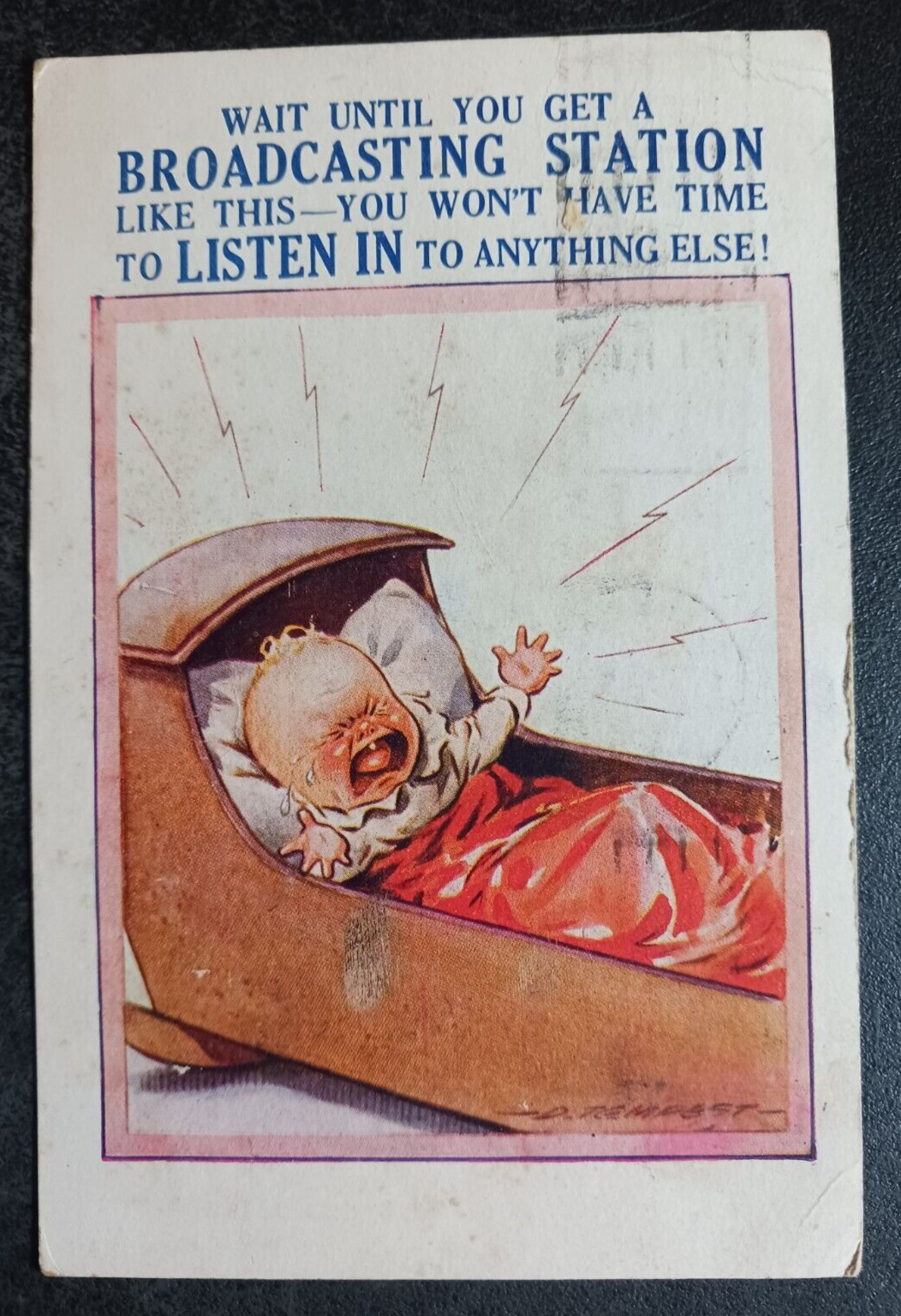 vtg postcard Crying Baby Radio Comic Bamforth Broadcasting Station posted